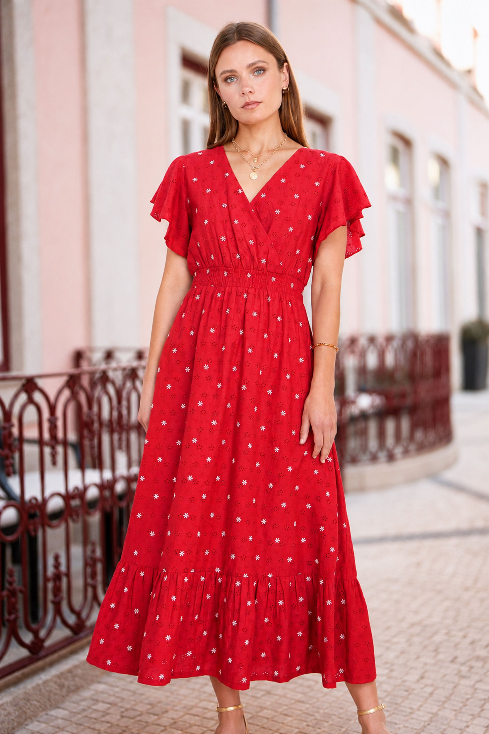 Yumi Red Broderie Anglaise Wrap Midi Dress With Flower Embroidery Dress Casual Yumi