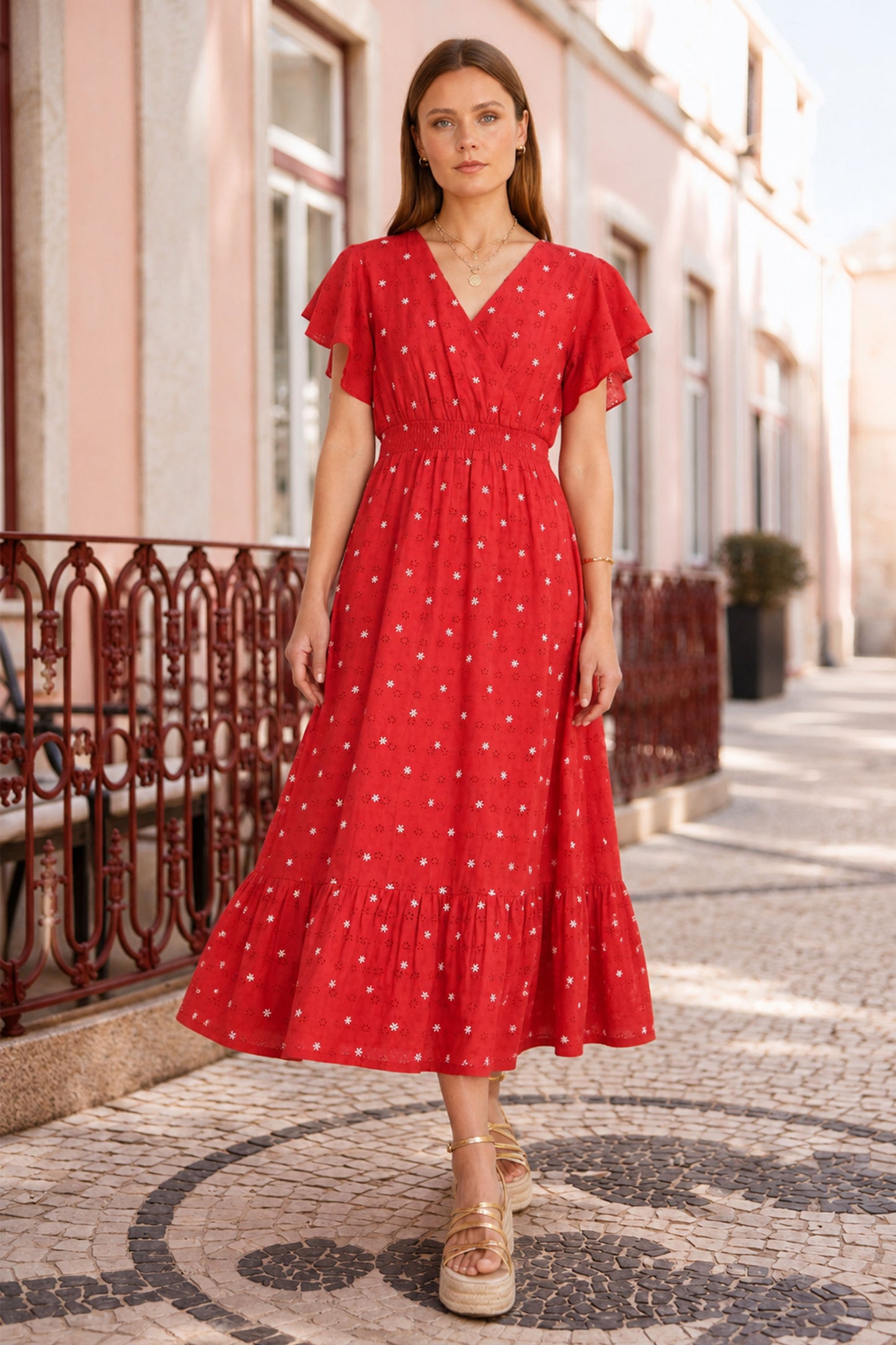 Yumi Red Broderie Anglaise Wrap Midi Dress With Flower Embroidery Dress Casual Yumi