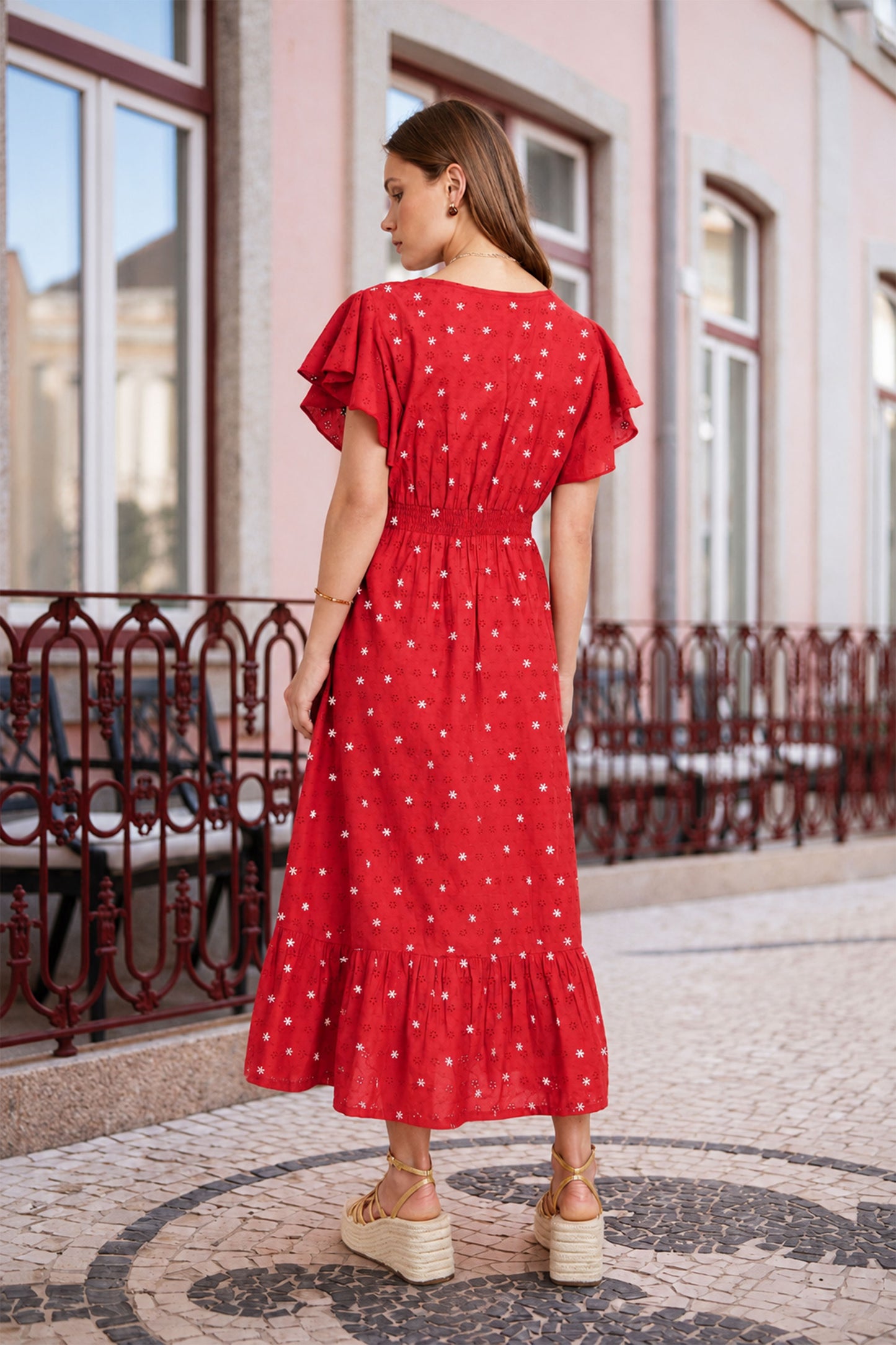 Yumi Red Broderie Anglaise Wrap Midi Dress With Flower Embroidery Dress Casual Yumi