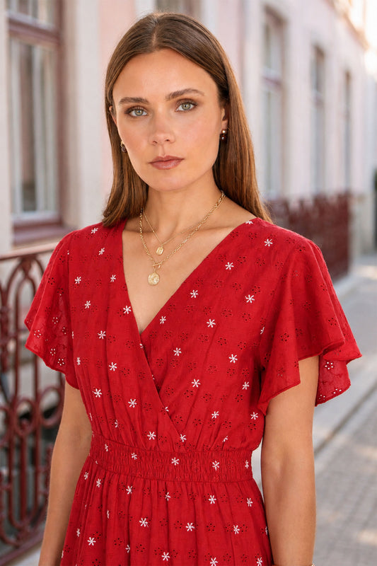 Yumi Red Broderie Anglaise Wrap Midi Dress With Flower Embroidery Dress Casual Yumi