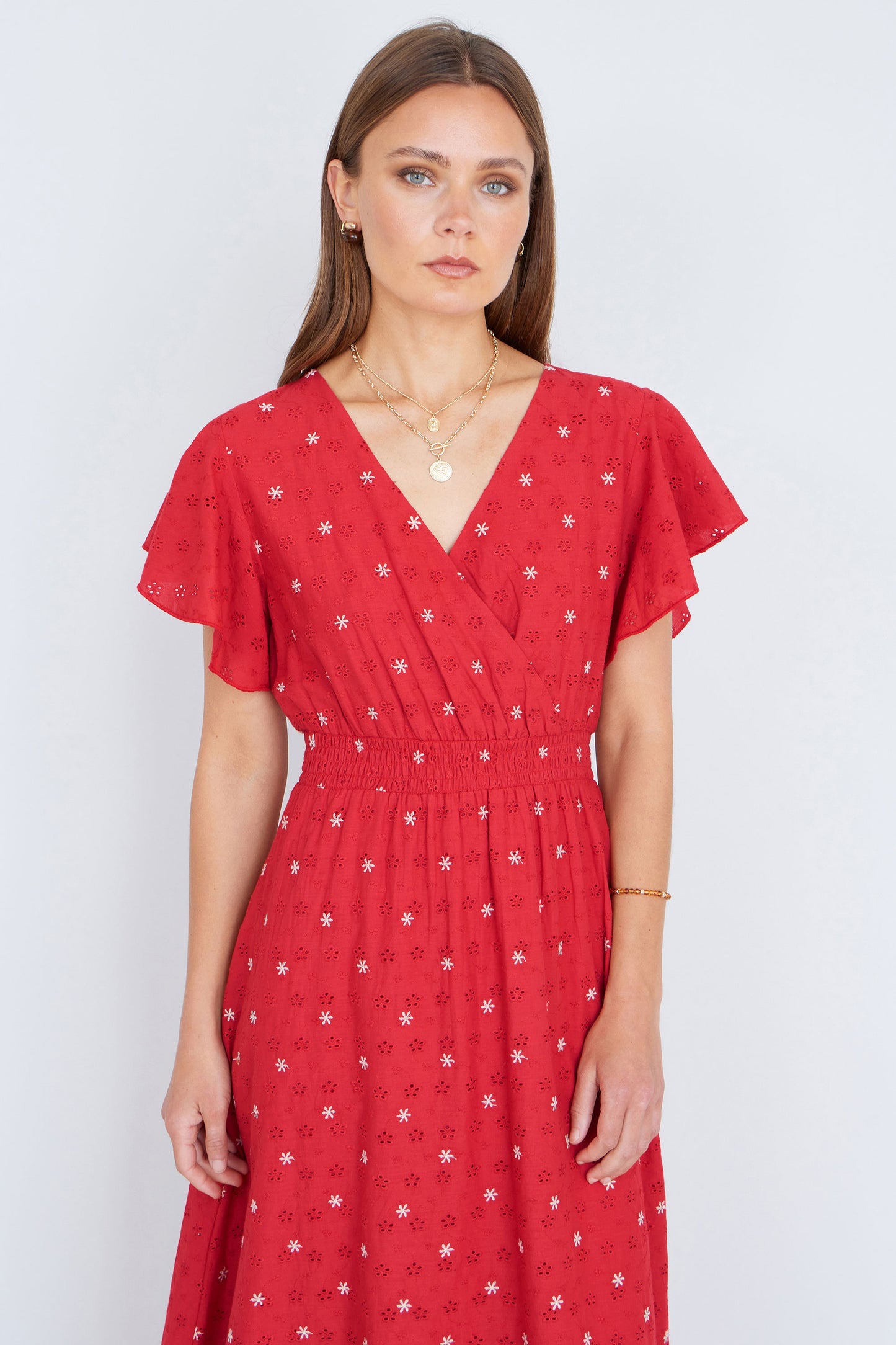 Yumi Red Broderie Anglaise Wrap Midi Dress With Flower Embroidery Dress Casual Yumi