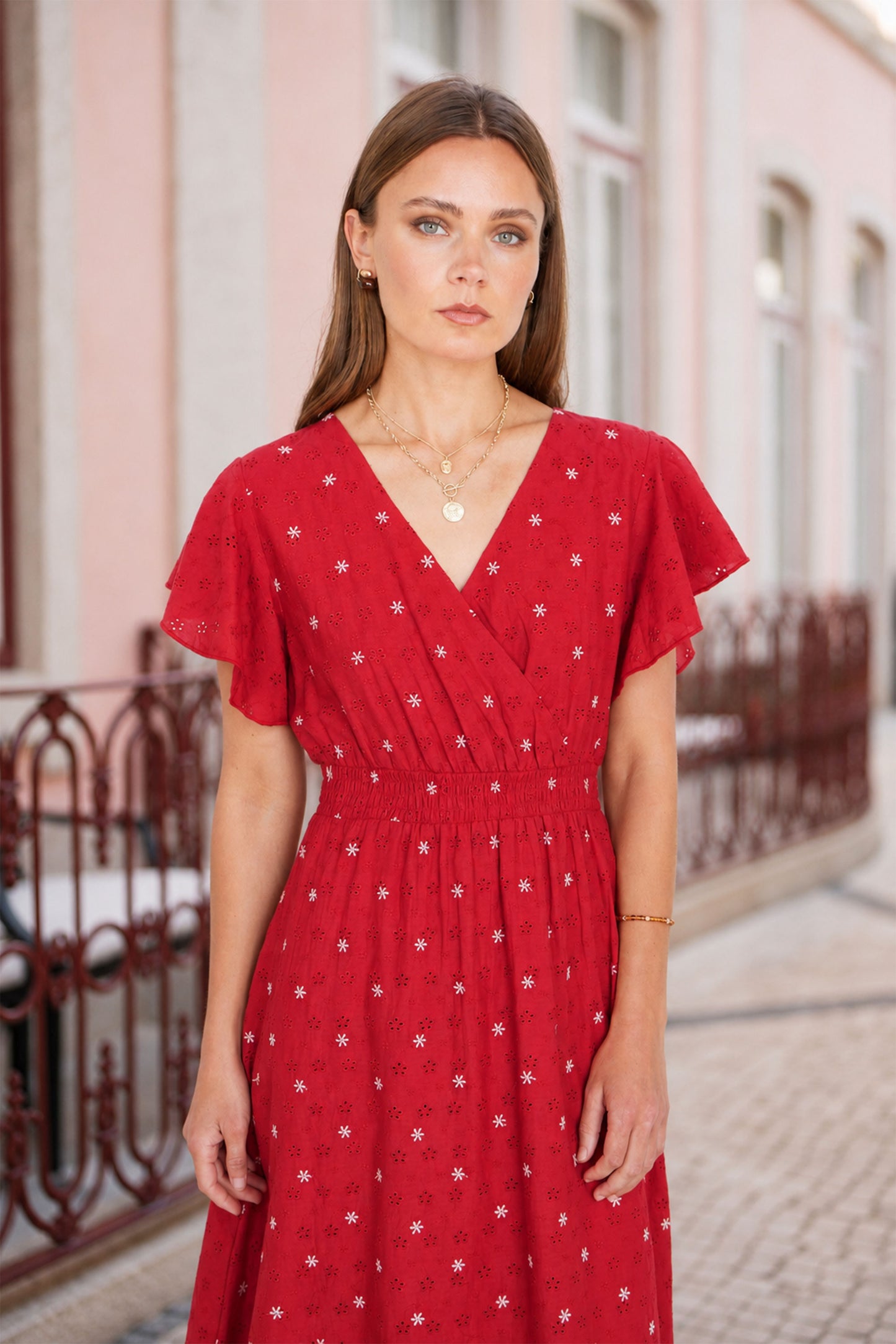 Yumi Red Broderie Anglaise Wrap Midi Dress With Flower Embroidery Dress Casual Yumi