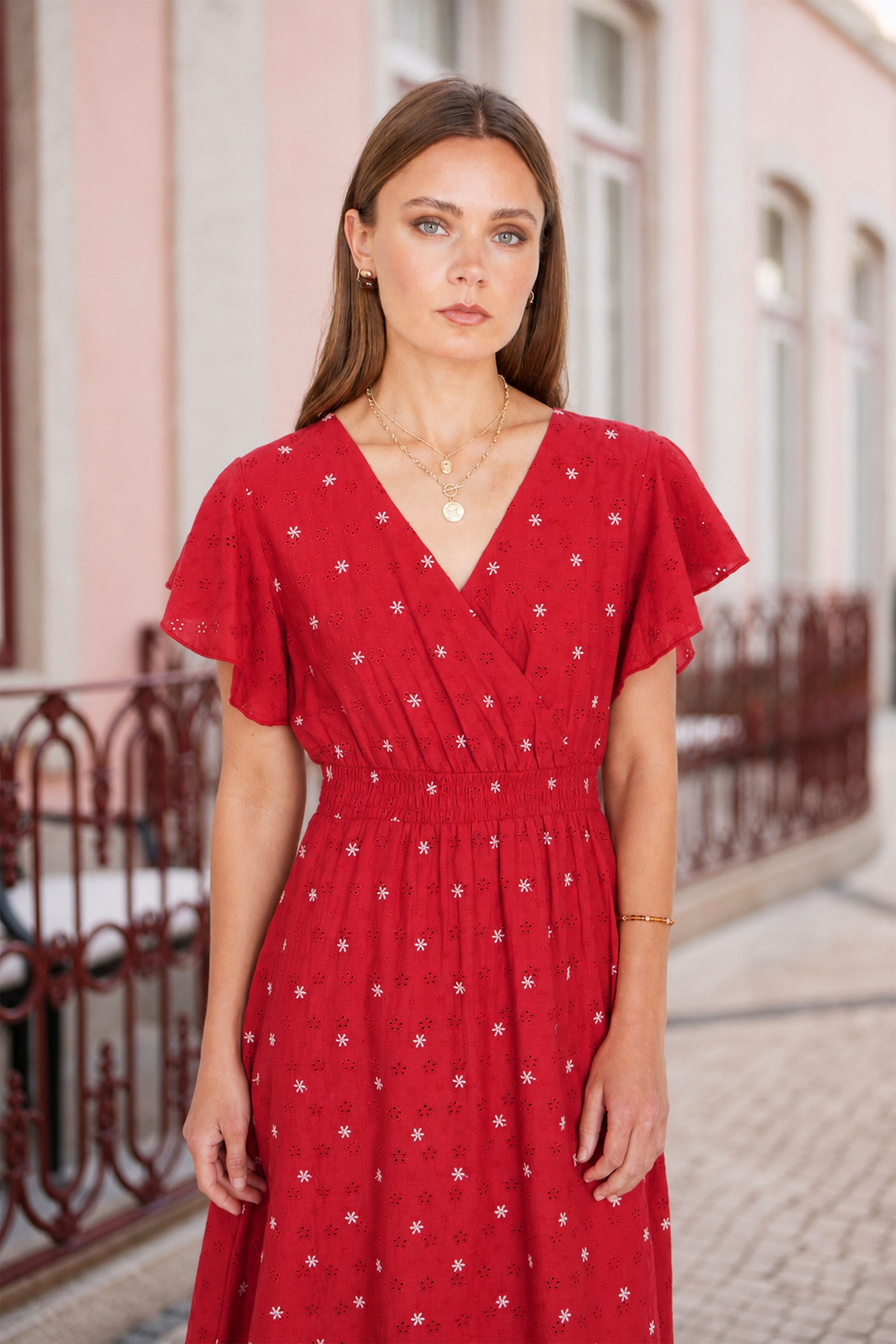 Yumi Red Broderie Anglaise Wrap Midi Dress With Flower Embroidery Dress Casual Yumi
