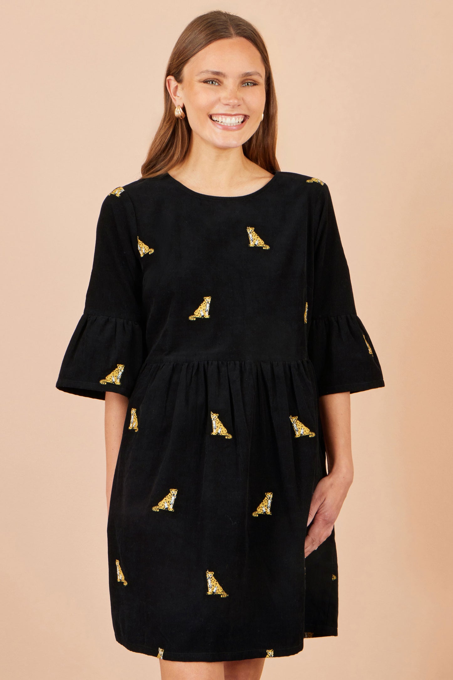 Yumi Black Leopard Embroidered Cord Tunic Dress Casual Yumi