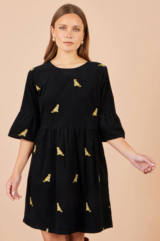 Yumi Black Leopard Embroidered Cord Tunic Dress Casual Yumi