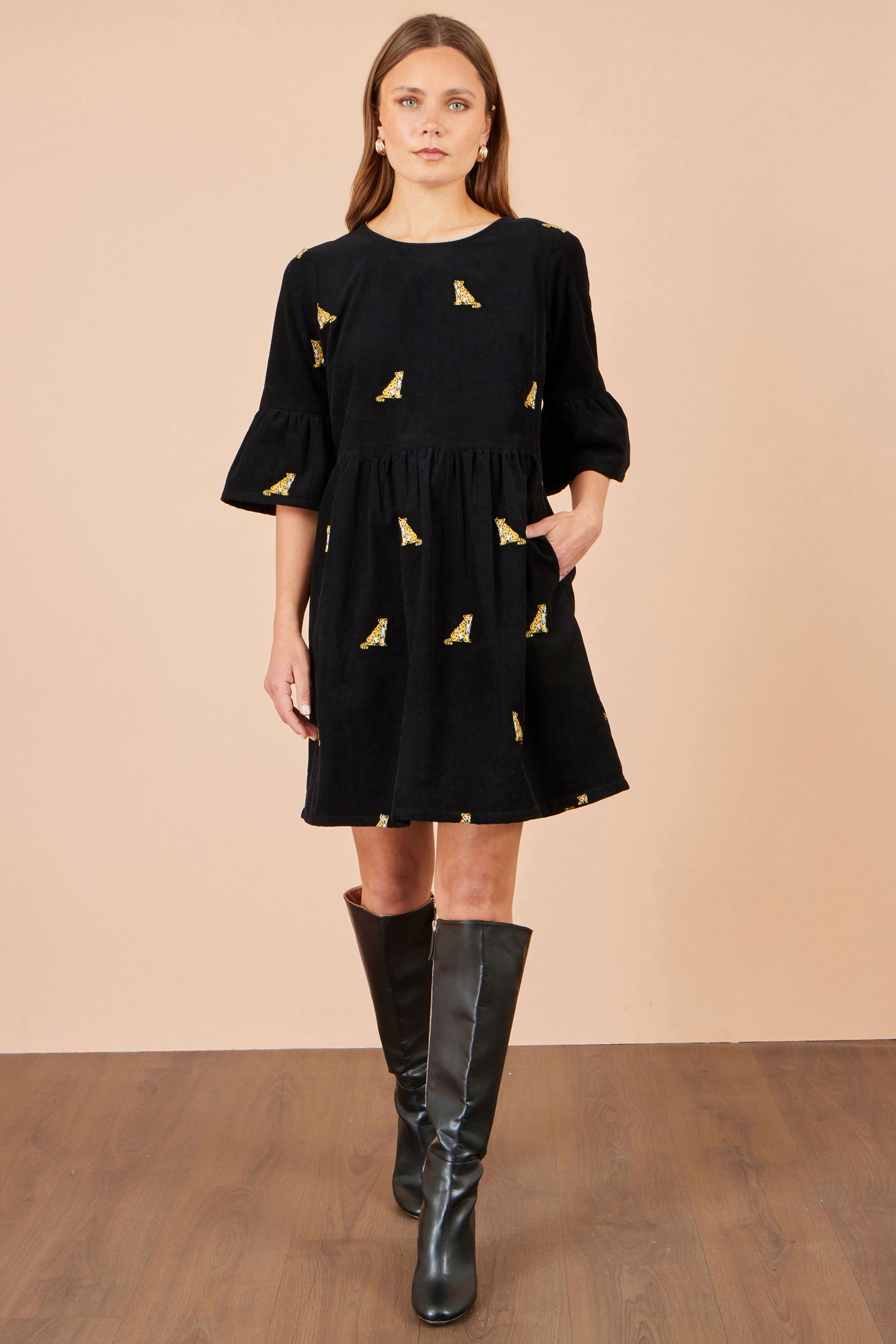 Yumi Black Leopard Embroidered Cord Tunic Dress Casual Yumi