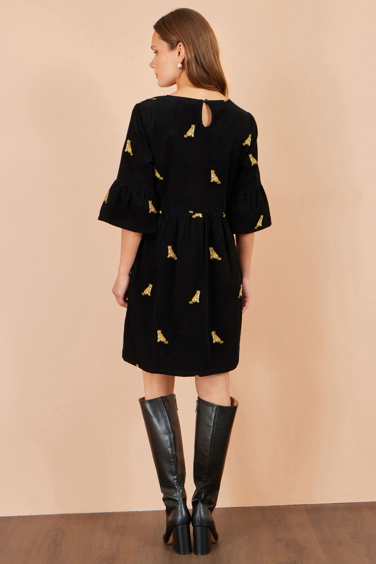 Yumi Black Leopard Embroidered Cord Tunic Dress Casual Yumi