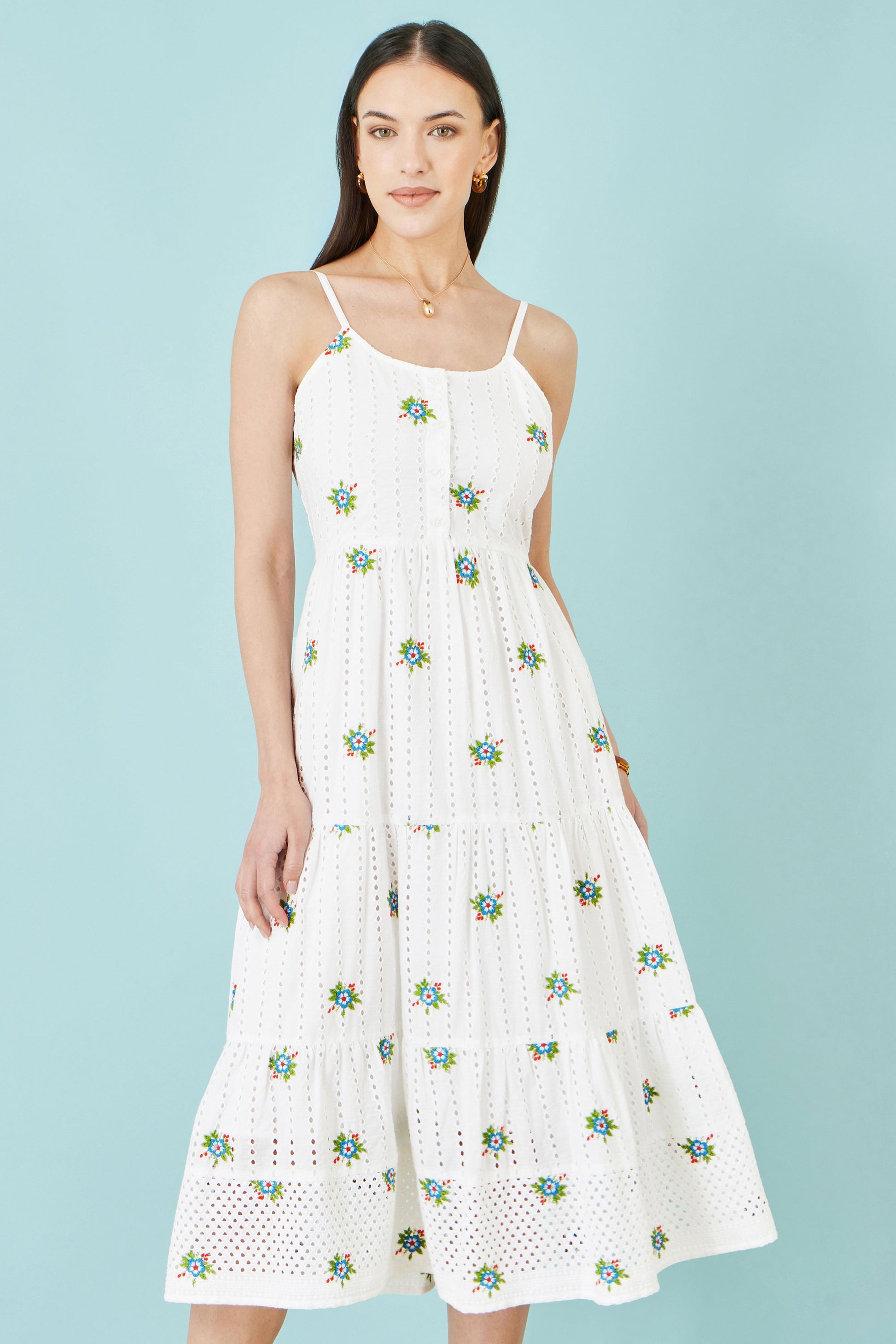 Yumi White Cotton Embroidered Broderie Anglaise Midi Sun Dress Beachwear Yumi