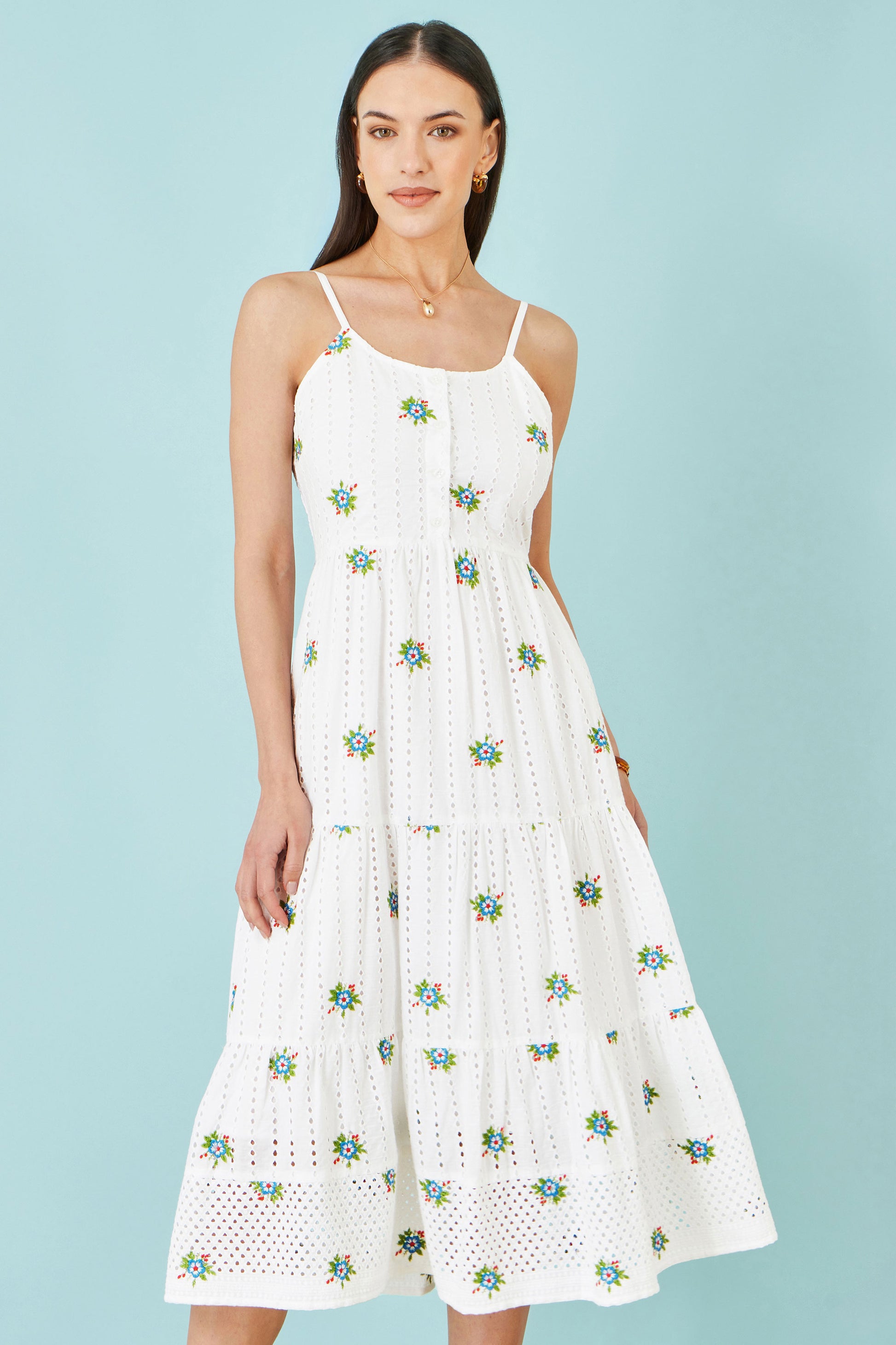 Yumi White Cotton Embroidered Broderie Anglaise Midi Sun Dress Beachwear Yumi
