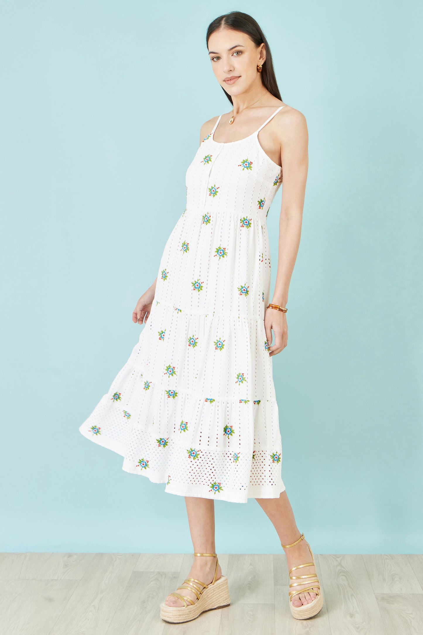 Yumi White Cotton Embroidered Broderie Anglaise Midi Sun Dress Beachwear Yumi