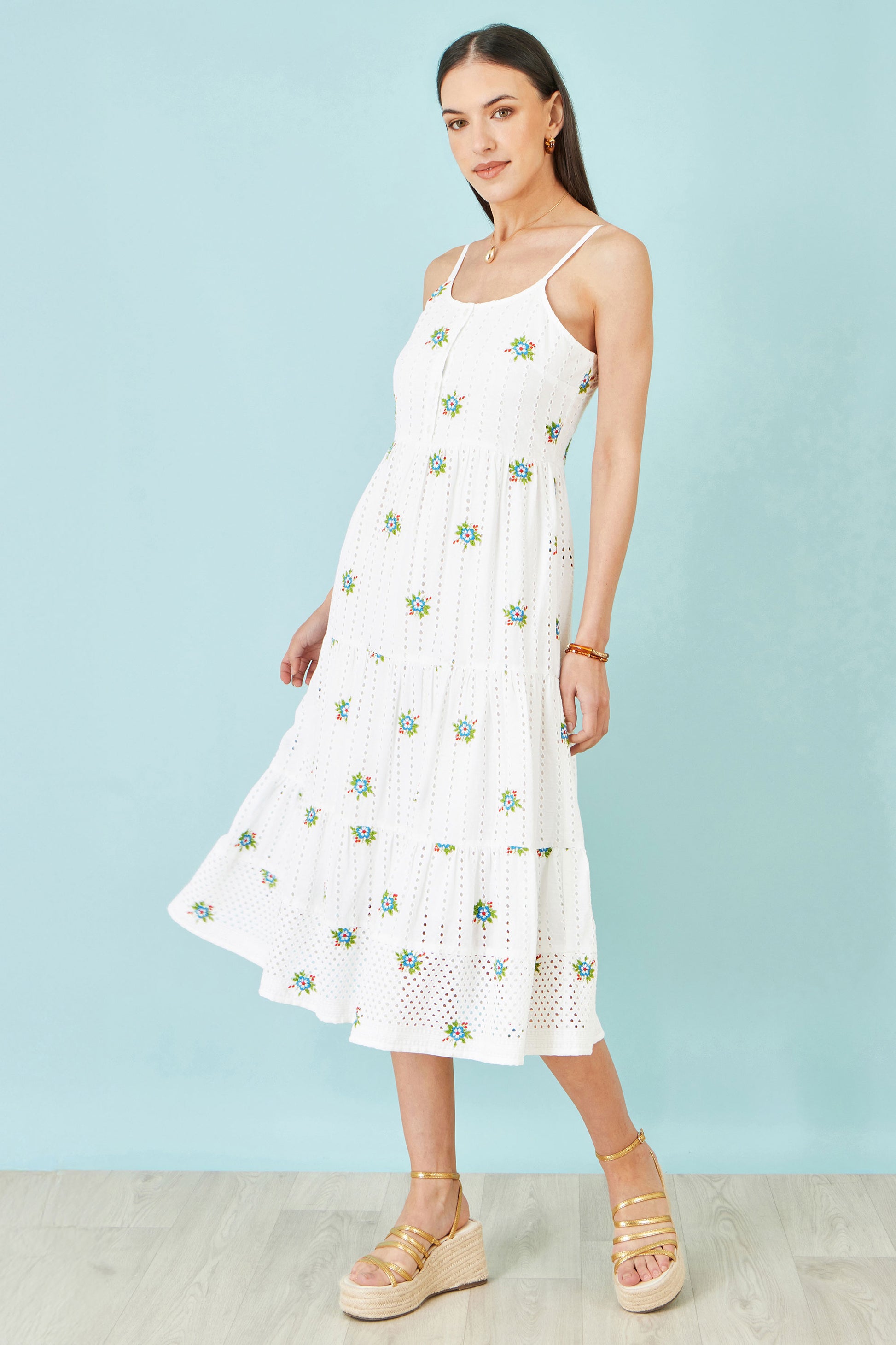 Yumi White Cotton Embroidered Broderie Anglaise Midi Sun Dress Beachwear Yumi