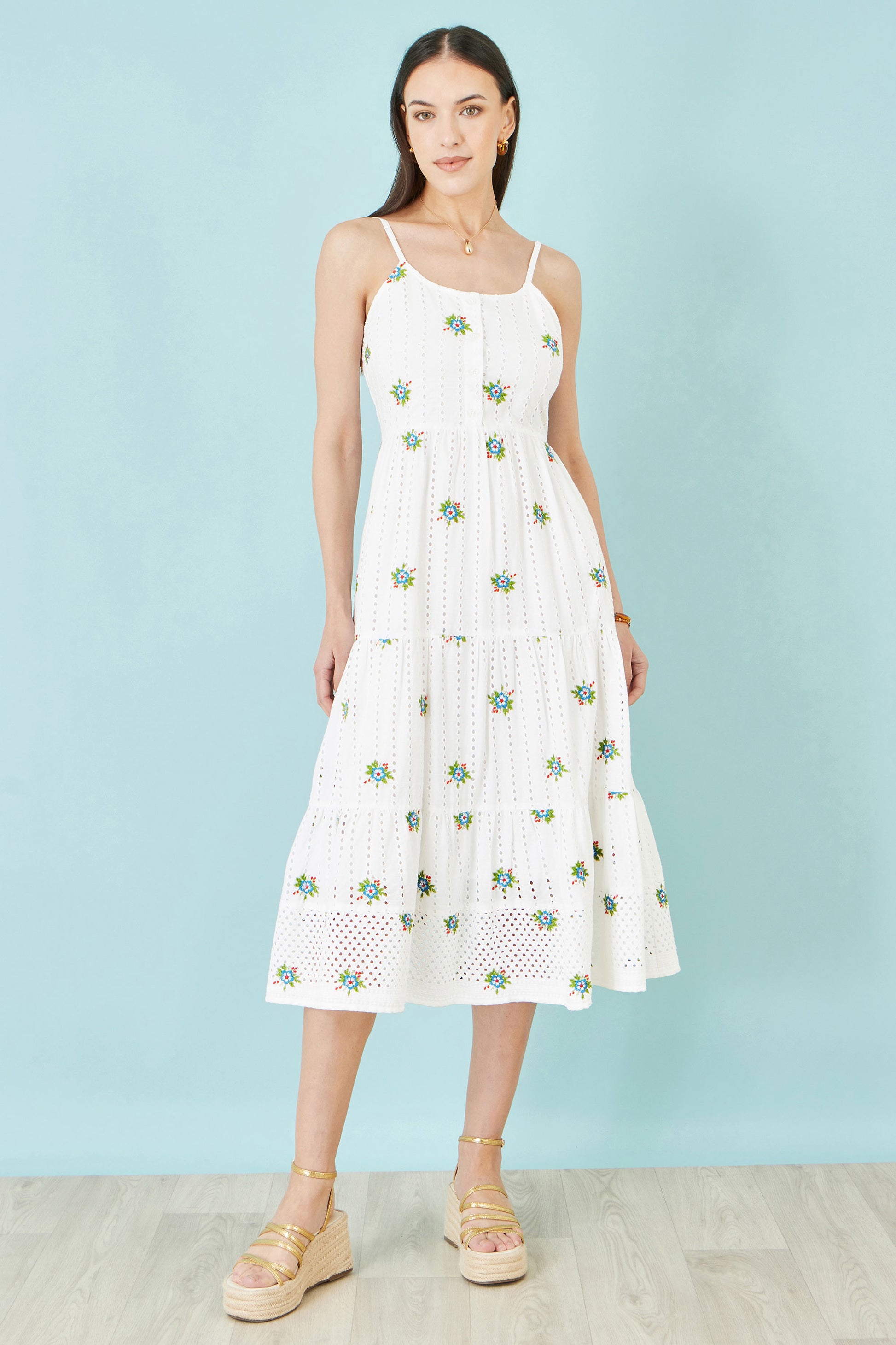 Yumi White Cotton Embroidered Broderie Anglaise Midi Sun Dress Beachwear Yumi
