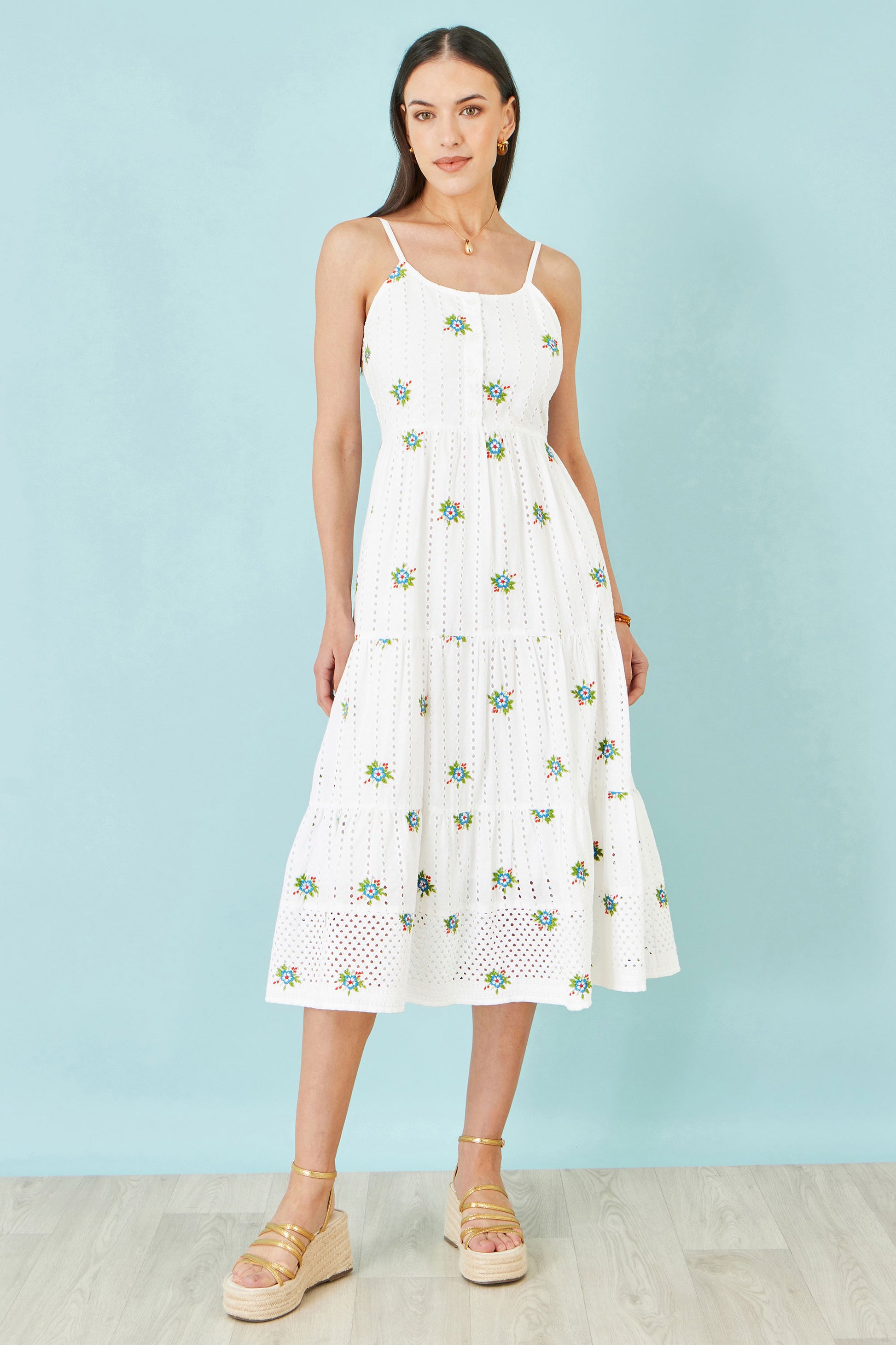 Yumi White Cotton Embroidered Broderie Anglaise Midi Sun Dress Beachwear Yumi