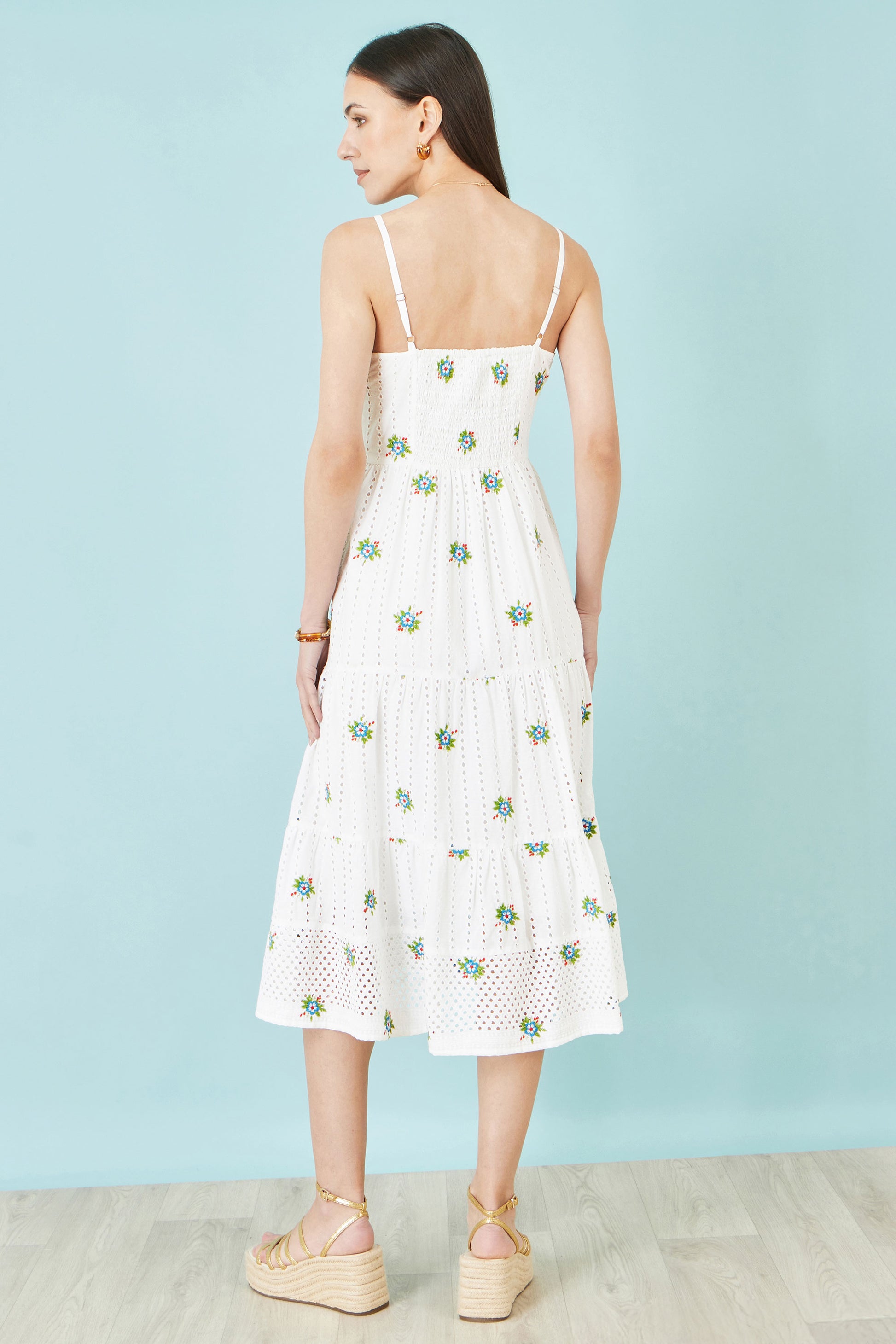 Yumi White Cotton Embroidered Broderie Anglaise Midi Sun Dress Beachwear Yumi