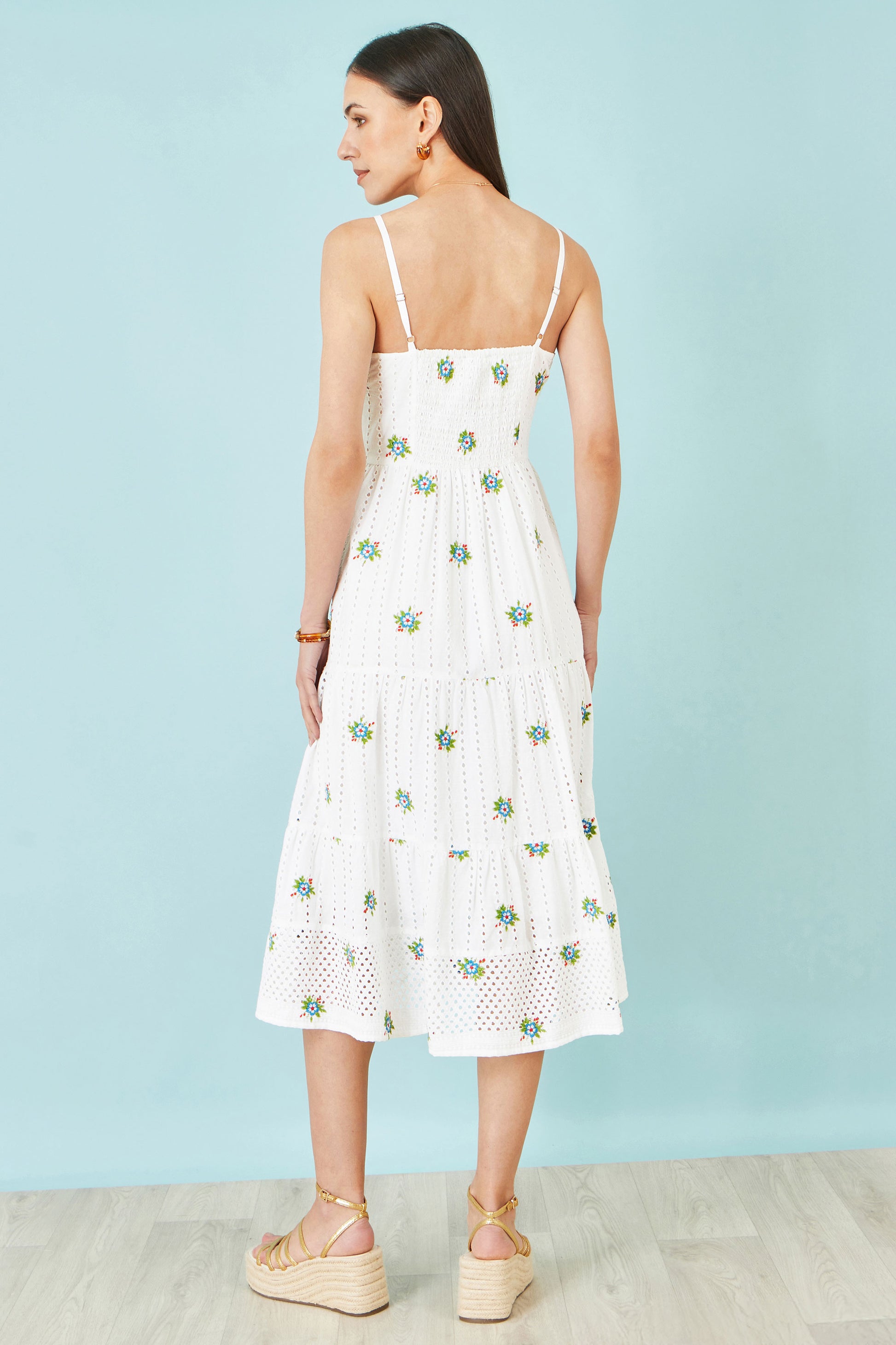 Yumi White Cotton Embroidered Broderie Anglaise Midi Sun Dress Beachwear Yumi