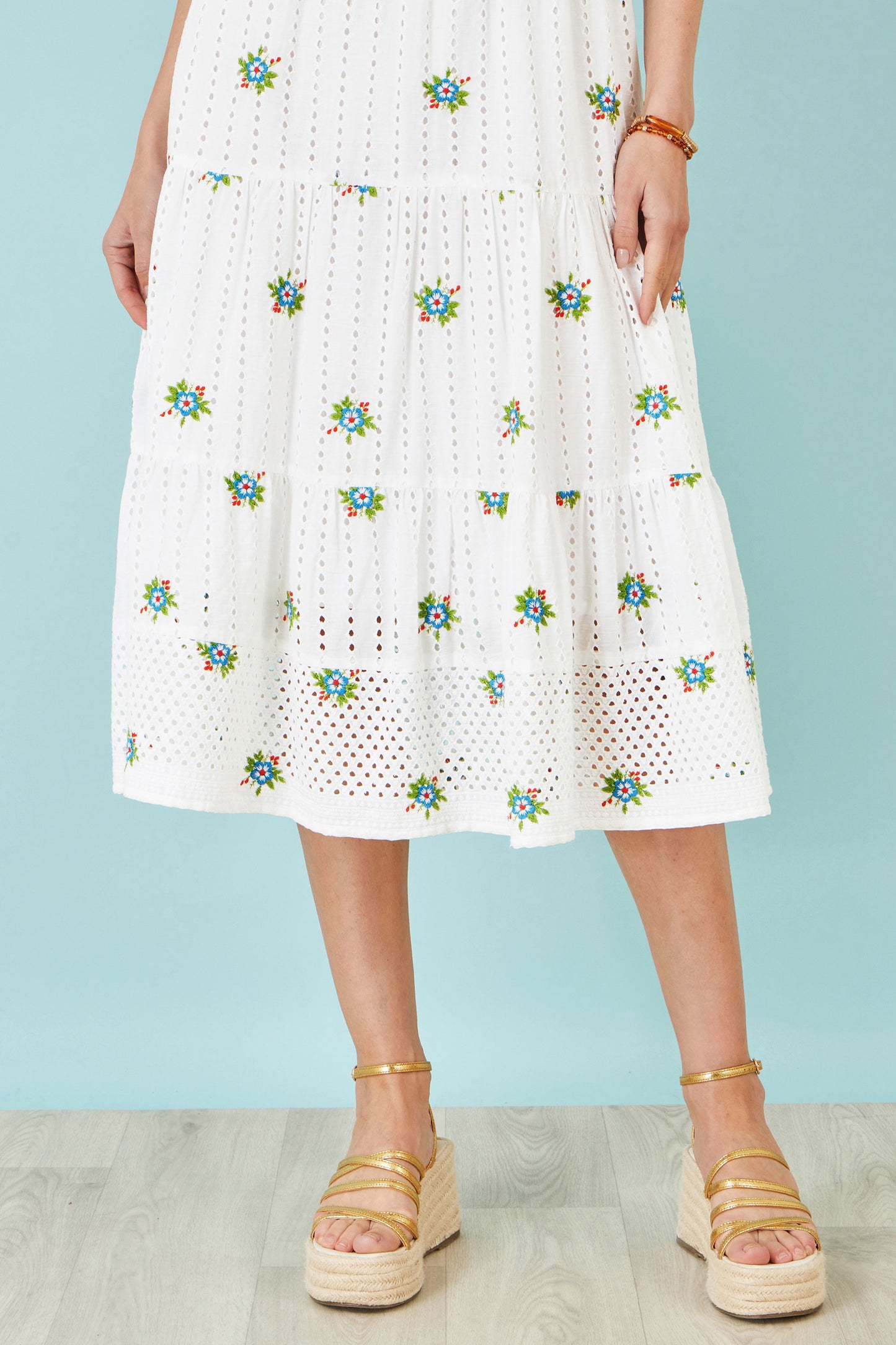 Yumi White Cotton Embroidered Broderie Anglaise Midi Sun Dress Beachwear Yumi