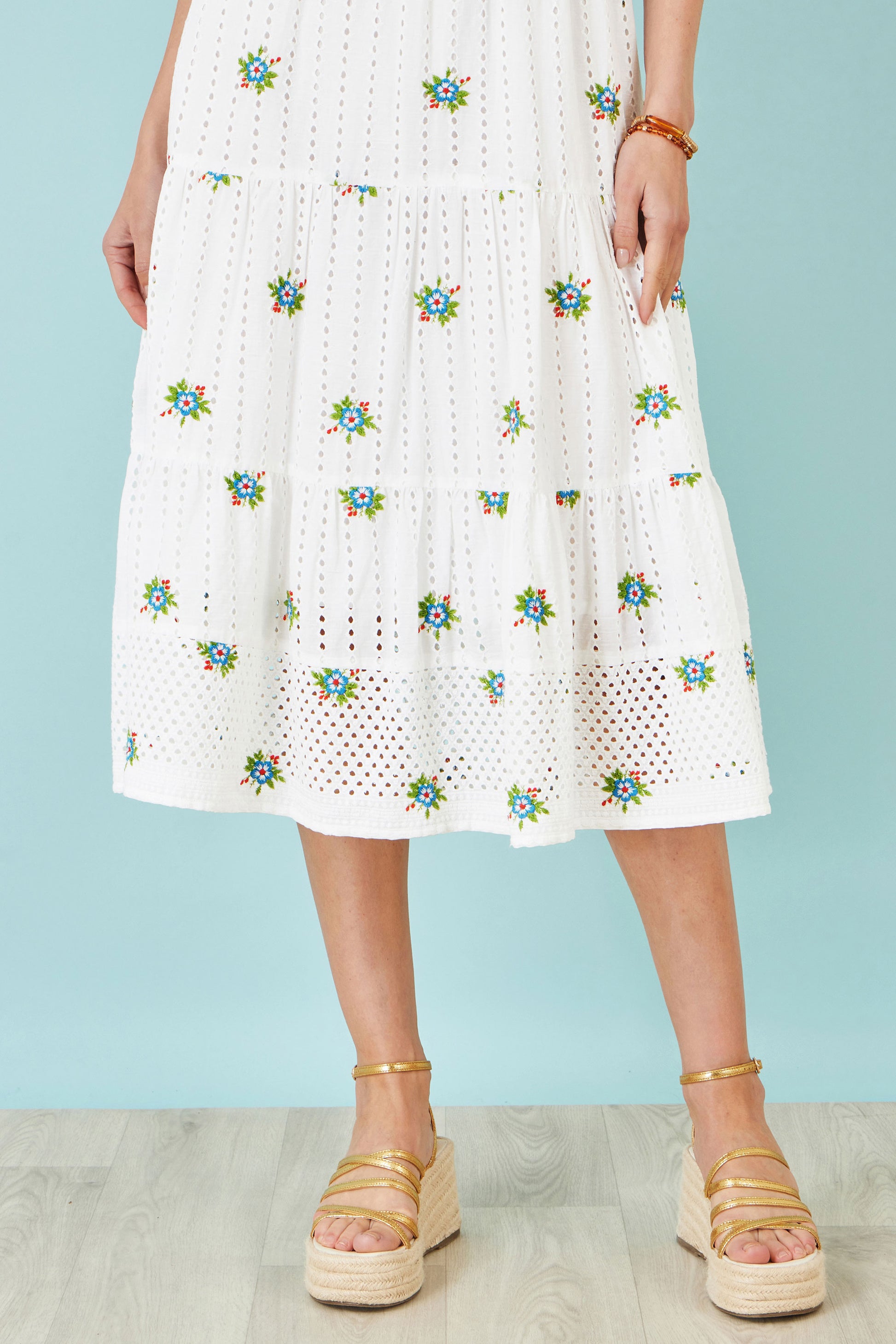 Yumi White Cotton Embroidered Broderie Anglaise Midi Sun Dress Beachwear Yumi