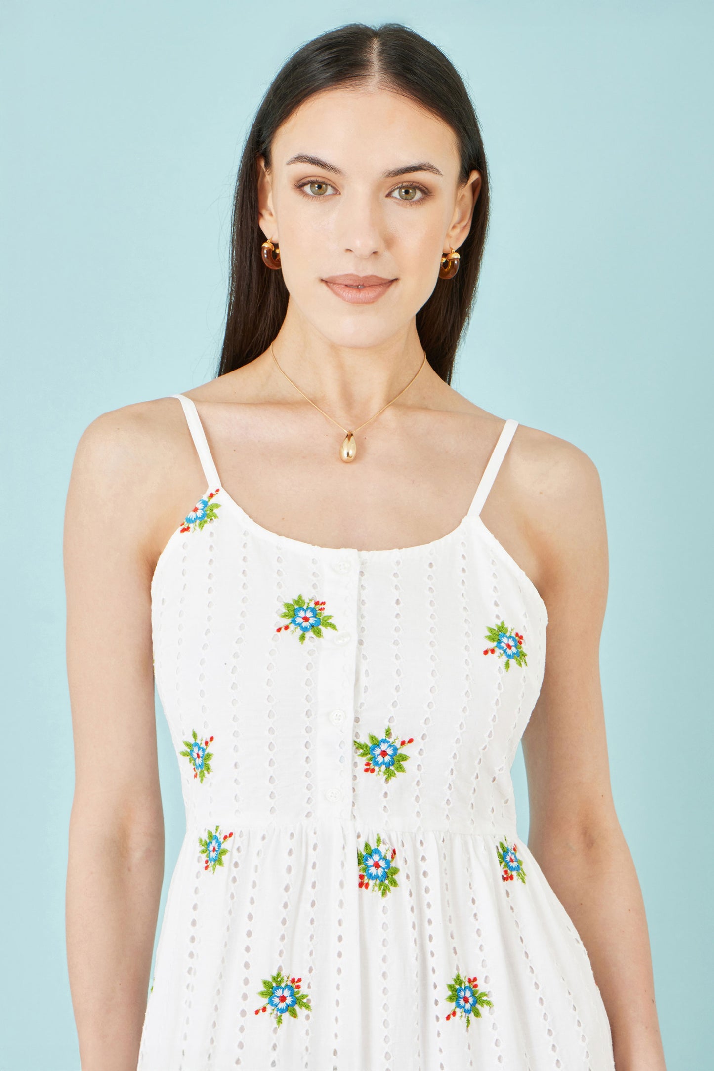 Yumi White Cotton Embroidered Broderie Anglaise Midi Sun Dress Beachwear Yumi