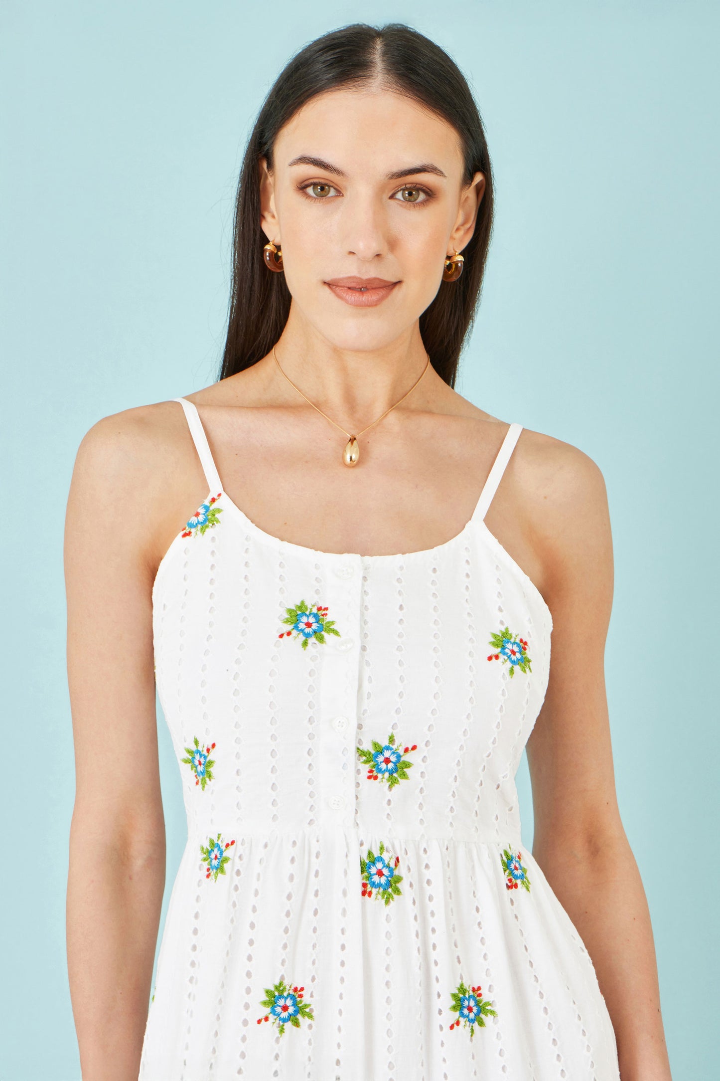 Yumi White Cotton Embroidered Broderie Anglaise Midi Sun Dress Beachwear Yumi