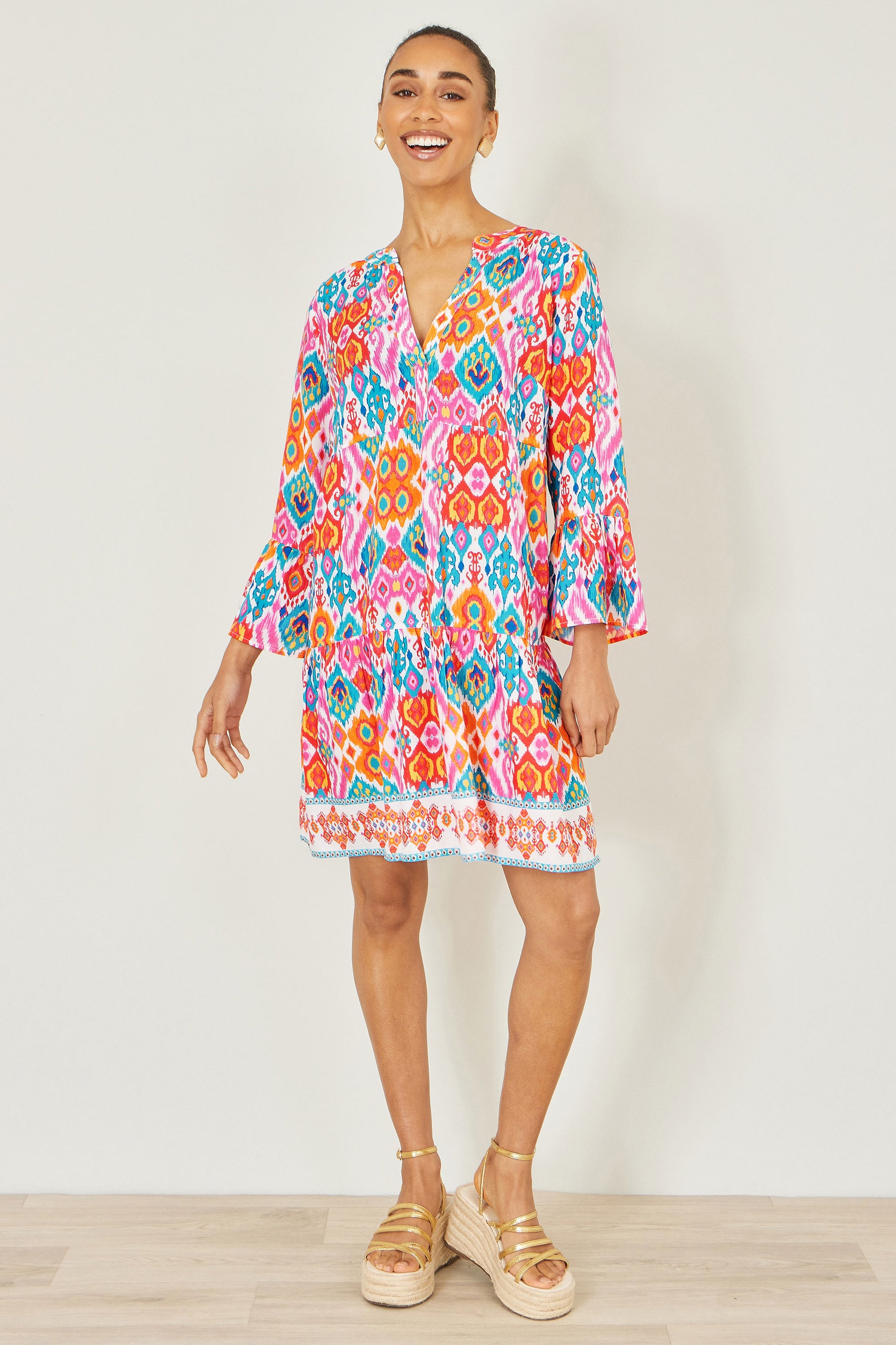 Yumi Multicolour Ikat Print Viscose Beach Tunic Beachwear Yumi