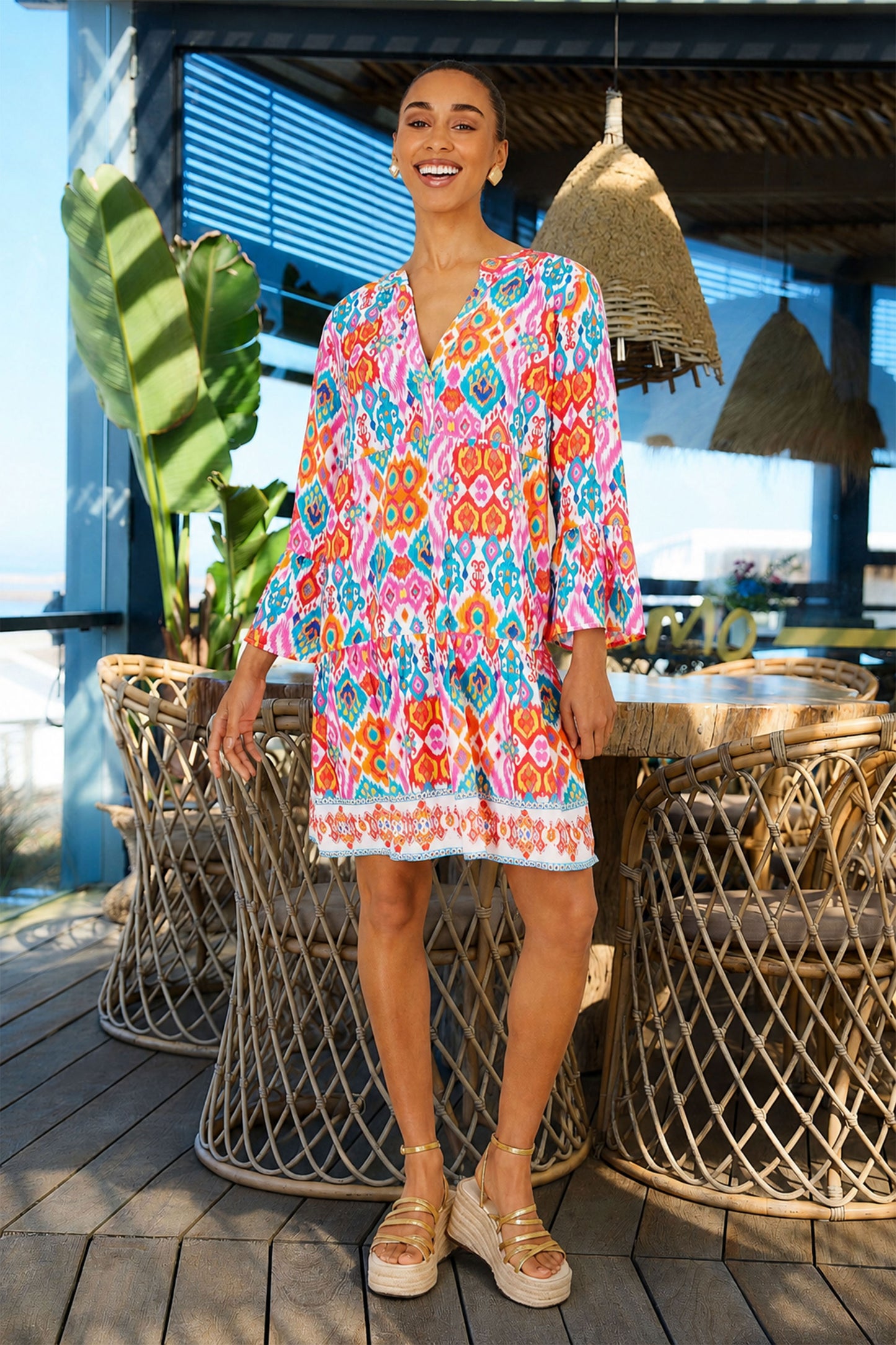 Yumi Multicolour Ikat Print Viscose Beach Tunic Beachwear Yumi