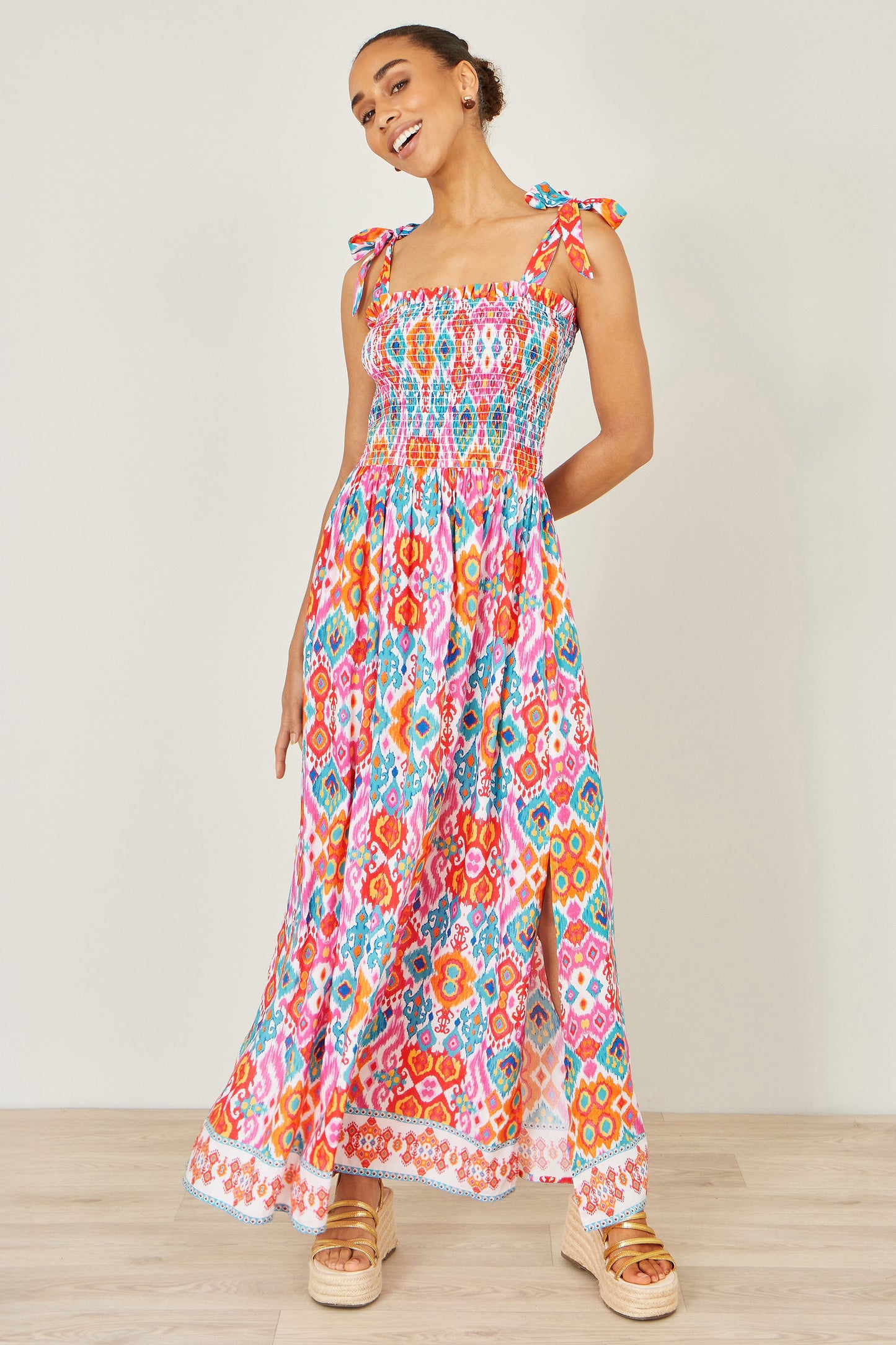 Yumi Multicolour Ikat Print Maxi Viscose Sun Dress Beachwear Yumi