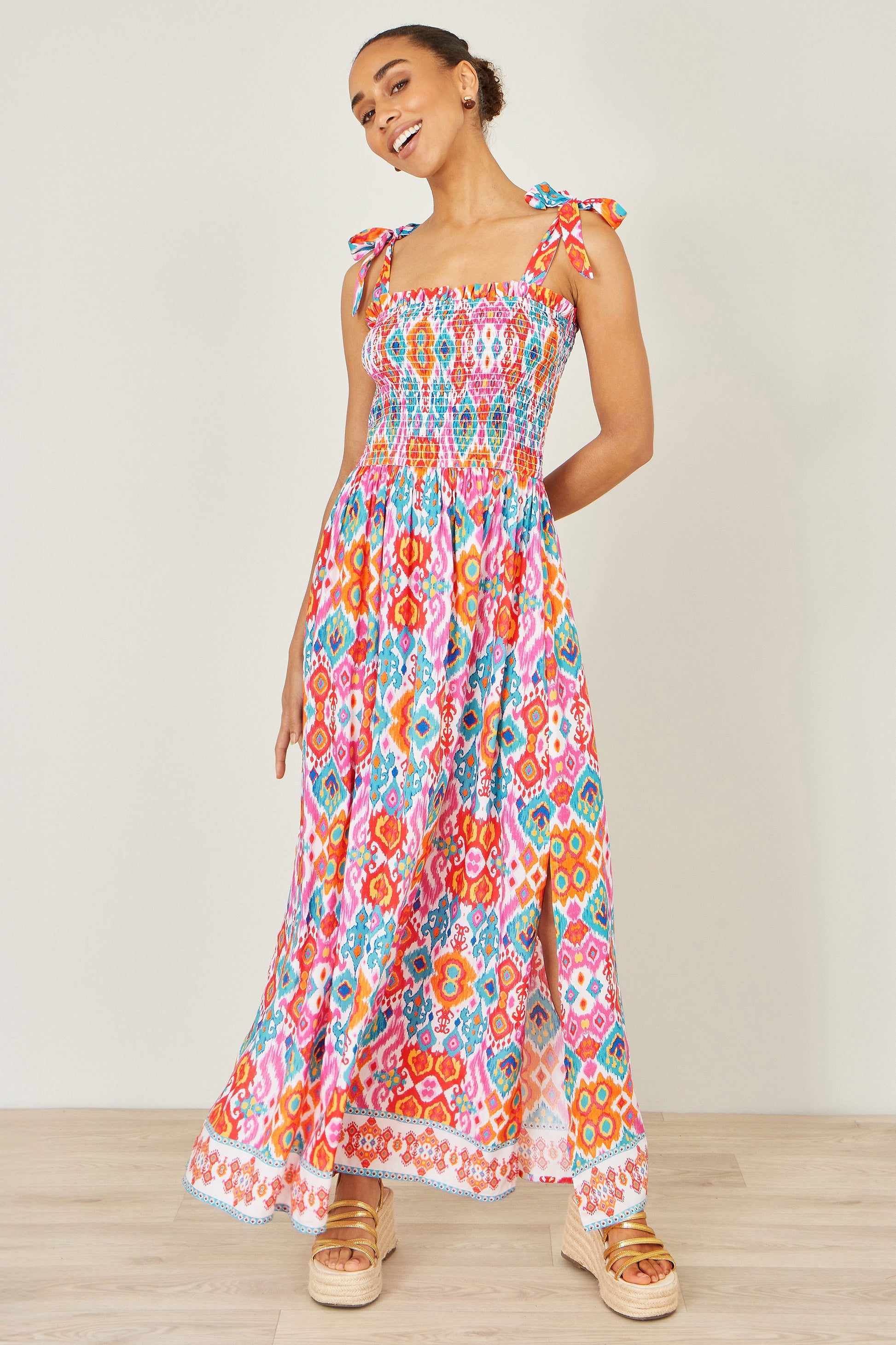 Yumi Multicolour Ikat Print Maxi Viscose Sun Dress Beachwear Yumi