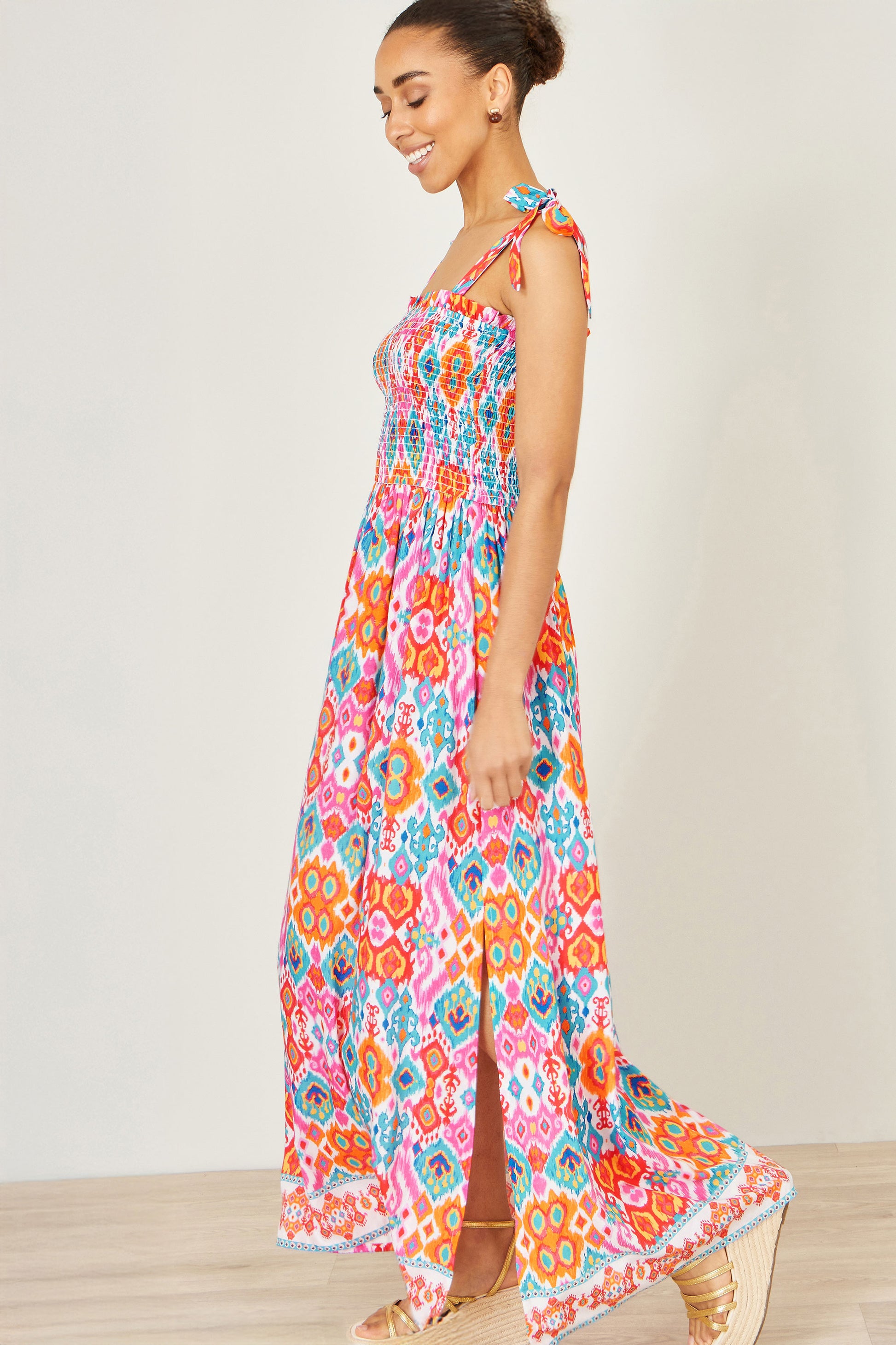 Yumi Multicolour Ikat Print Maxi Viscose Sun Dress Beachwear Yumi