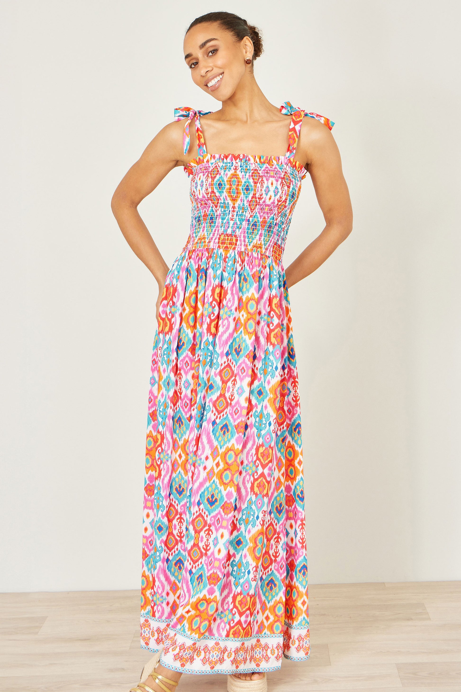 Yumi Multicolour Ikat Print Maxi Viscose Sun Dress Beachwear Yumi