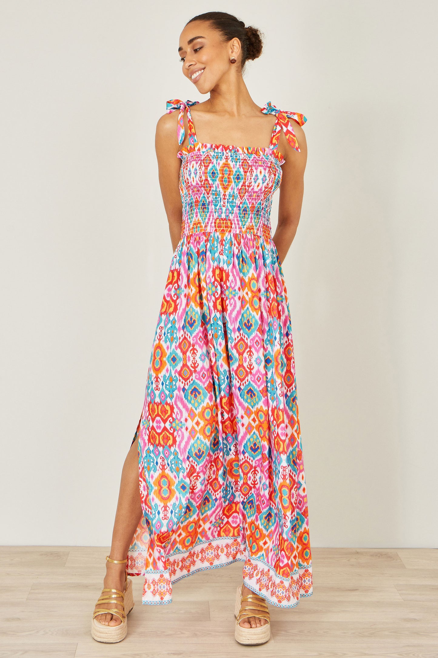 Yumi Multicolour Ikat Print Maxi Viscose Sun Dress Beachwear Yumi