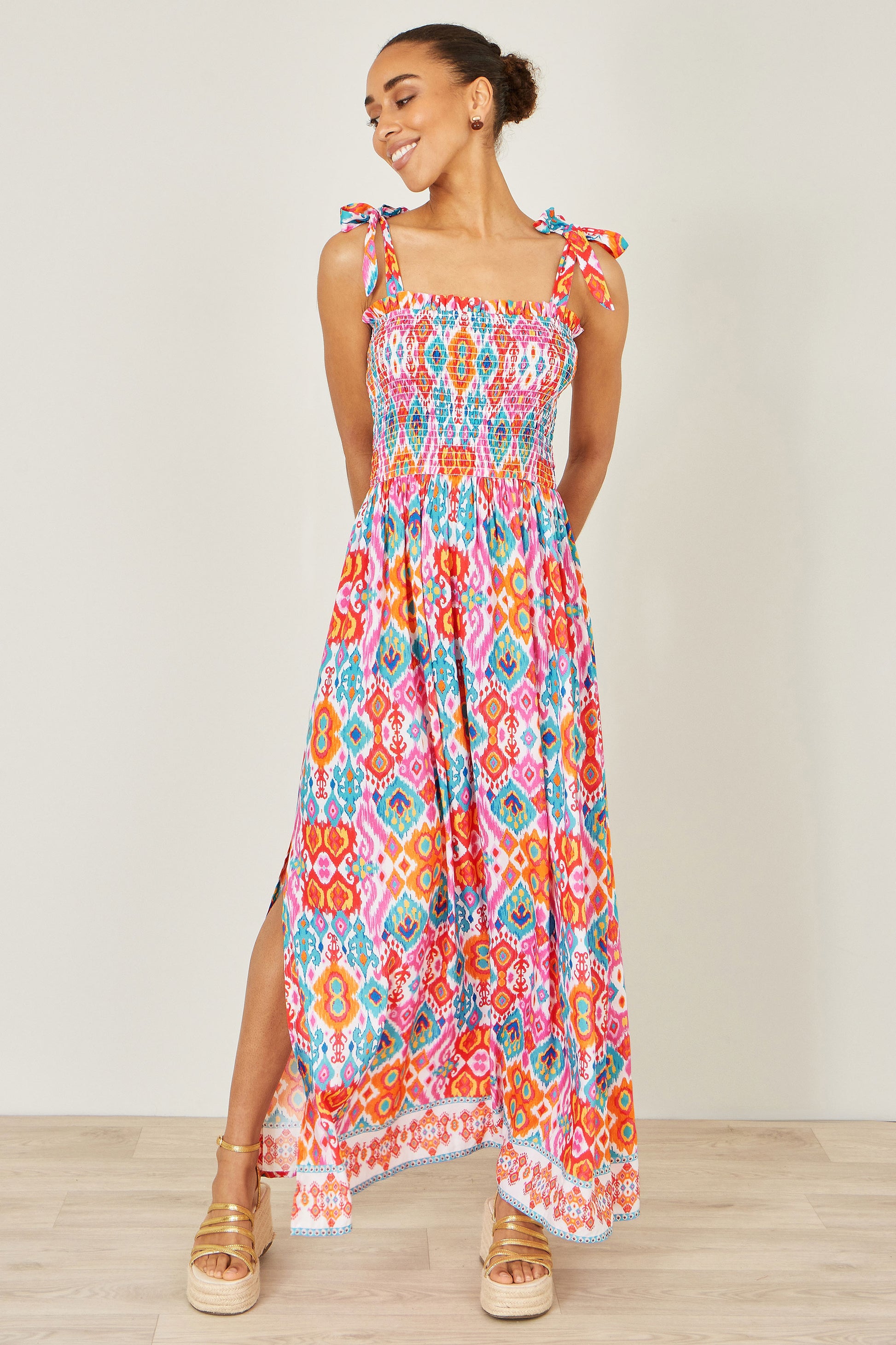 Yumi Multicolour Ikat Print Maxi Viscose Sun Dress Beachwear Yumi