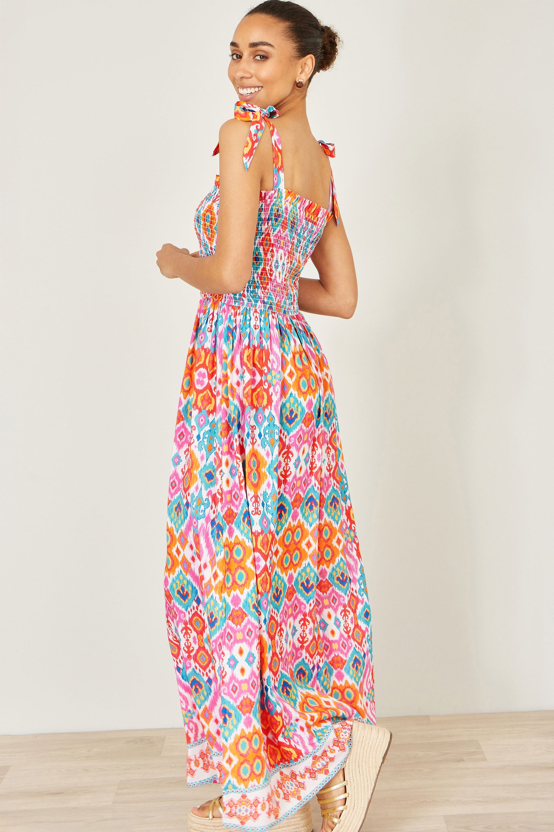 Yumi Multicolour Ikat Print Maxi Viscose Sun Dress Beachwear Yumi