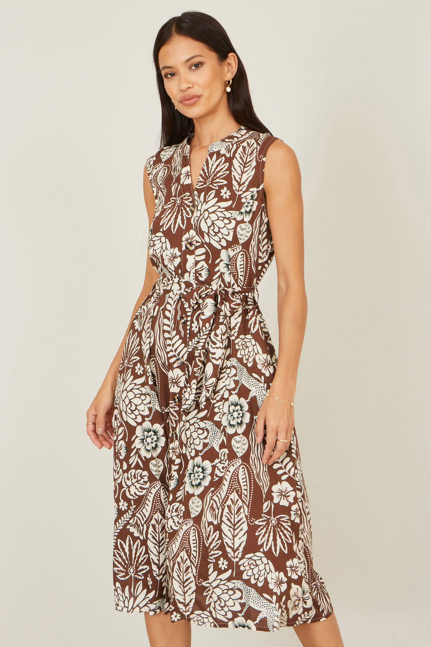 Yumi Brown Leaf Print Shirt Dress Dress Casual Yumi