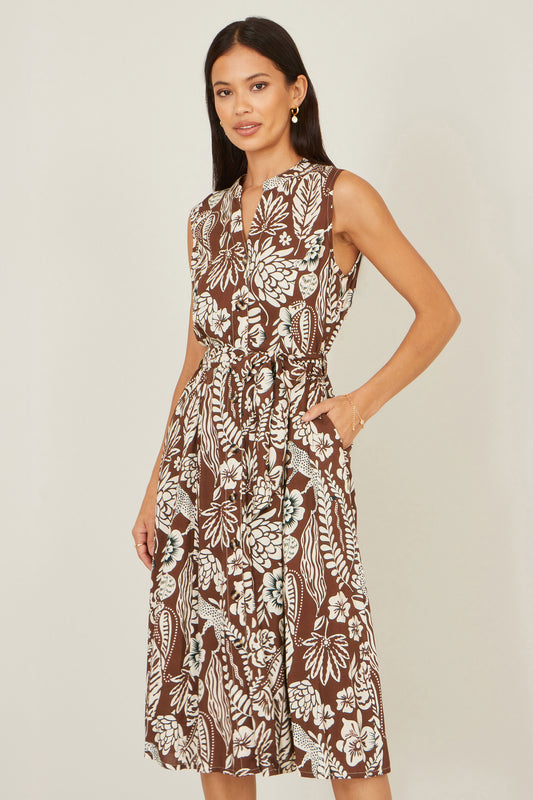 Yumi Brown Leaf Print Shirt Dress Dress Casual Yumi