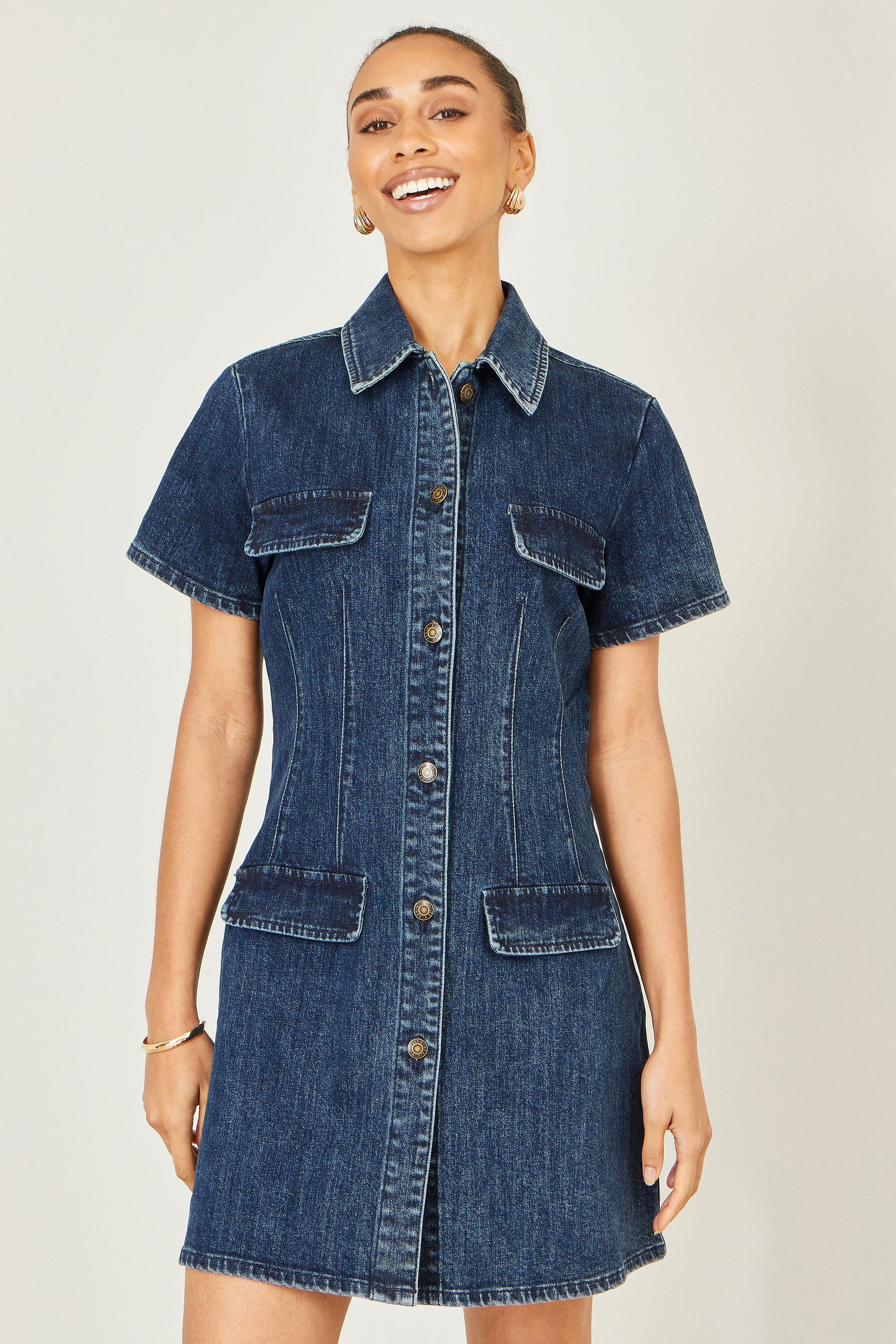 Yumi Blue Denim Stretch Shirt Dress With Pocket Details Dress Casual Yumi