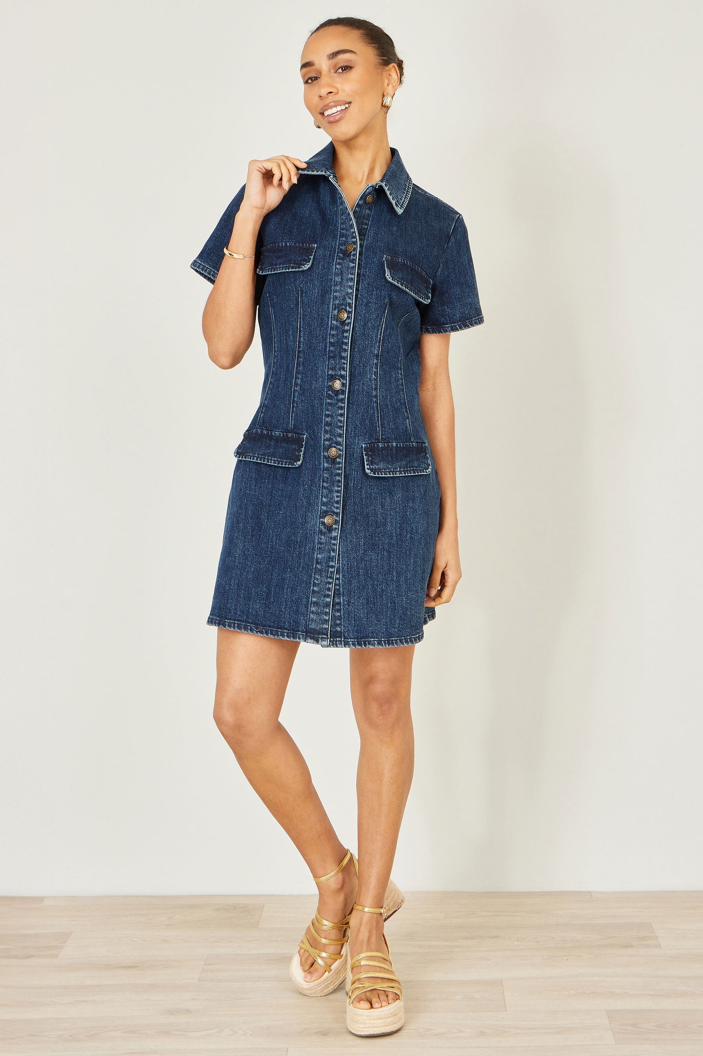 Yumi Blue Denim Stretch Shirt Dress With Pocket Details Dress Casual Yumi