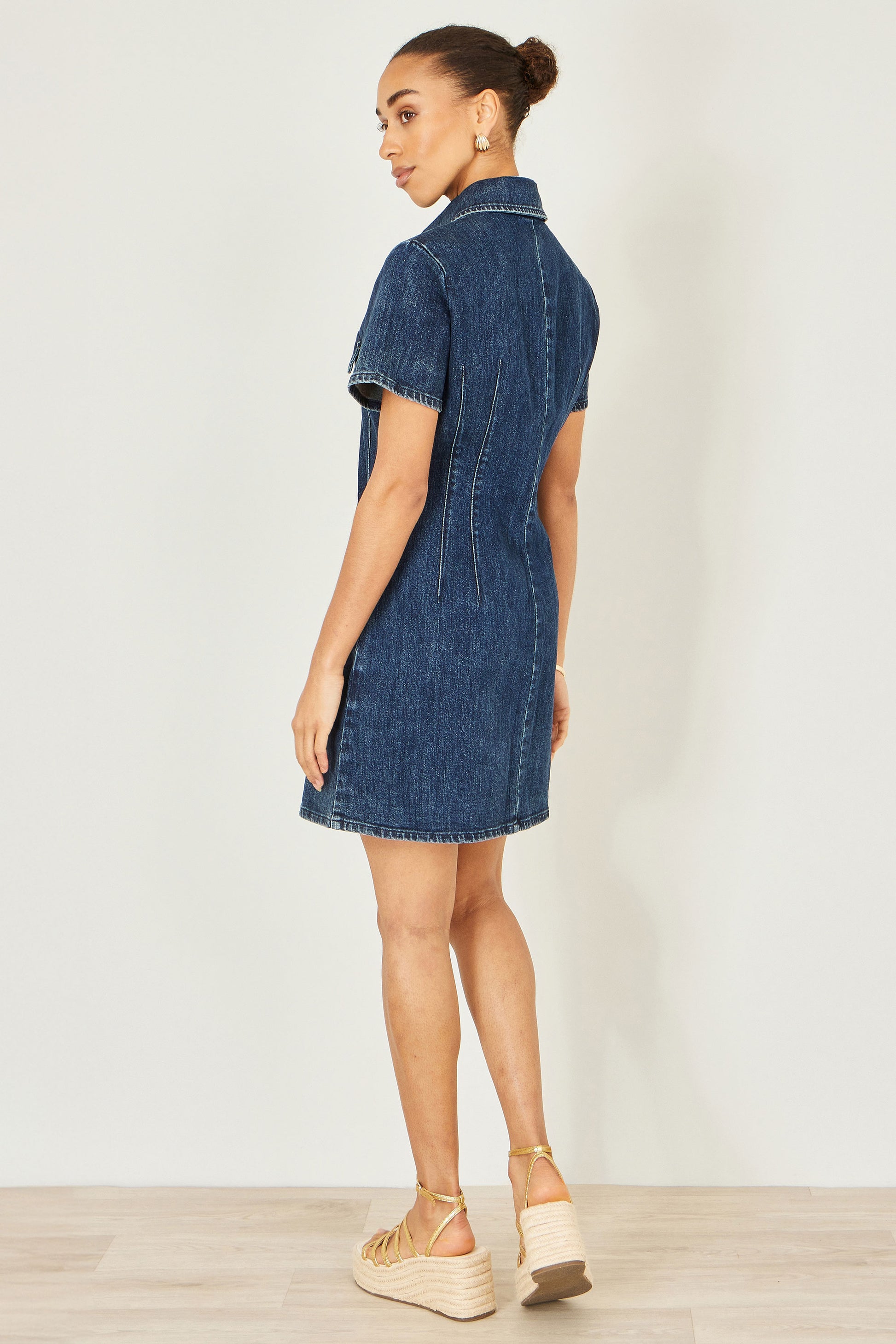 Yumi Blue Denim Stretch Shirt Dress With Pocket Details Dress Casual Yumi