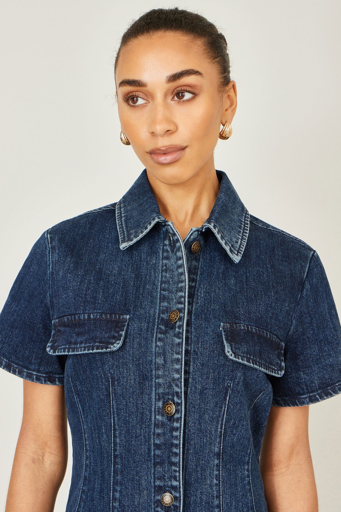 Yumi Blue Denim Stretch Shirt Dress With Pocket Details Dress Casual Yumi