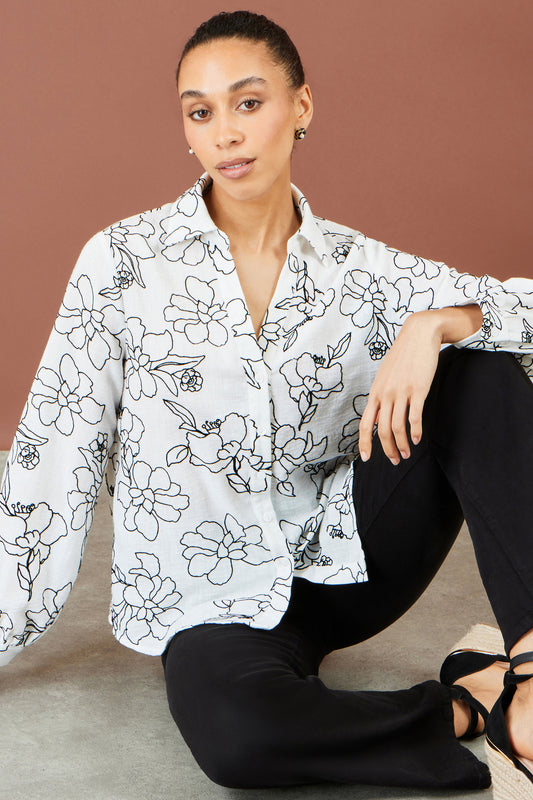 Yumi White Scribble Floral Embroidered Shirt Tops Yumi