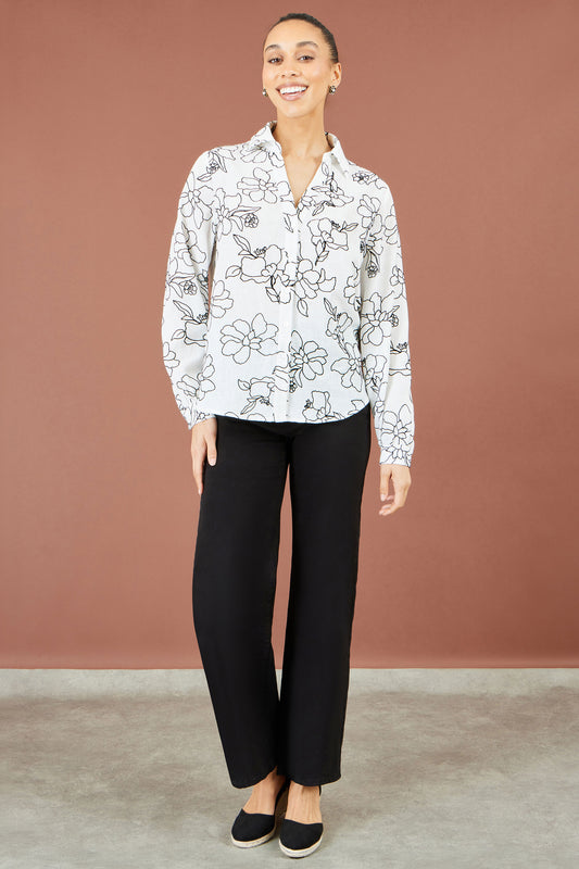 Yumi White Scribble Floral Embroidered Shirt Tops Yumi