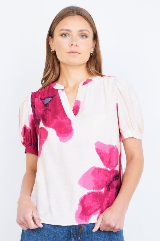 Yumi Pink Watercolour Viscose Floral Top Tops Yumi