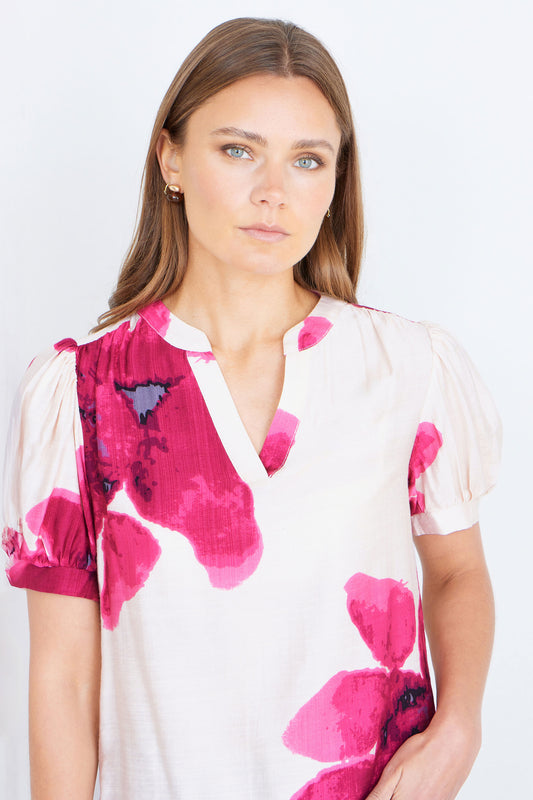 Yumi Pink Watercolour Viscose Floral Top Tops Yumi