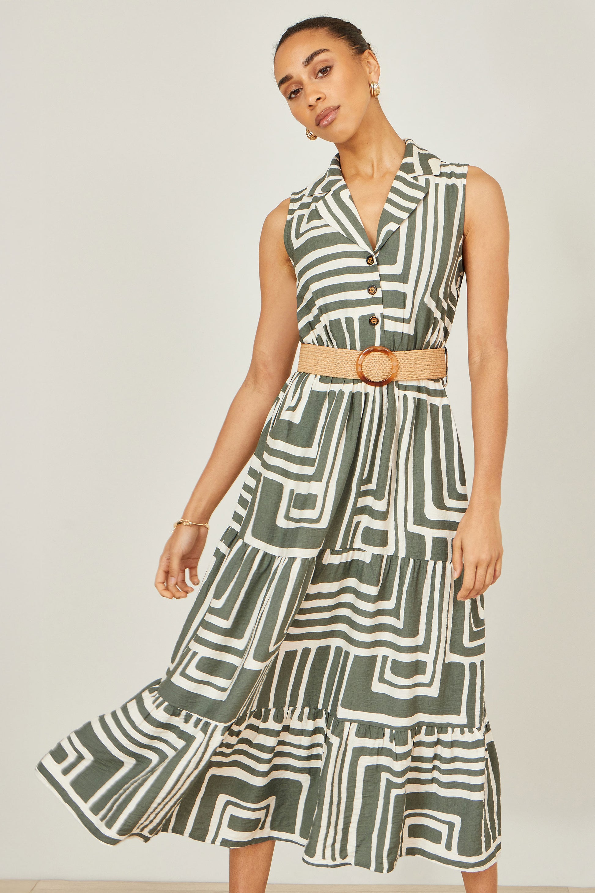 Yumi Green Viscose Geo Print Midi Shirt Dress With Matching Belt Dress Casual Yumi