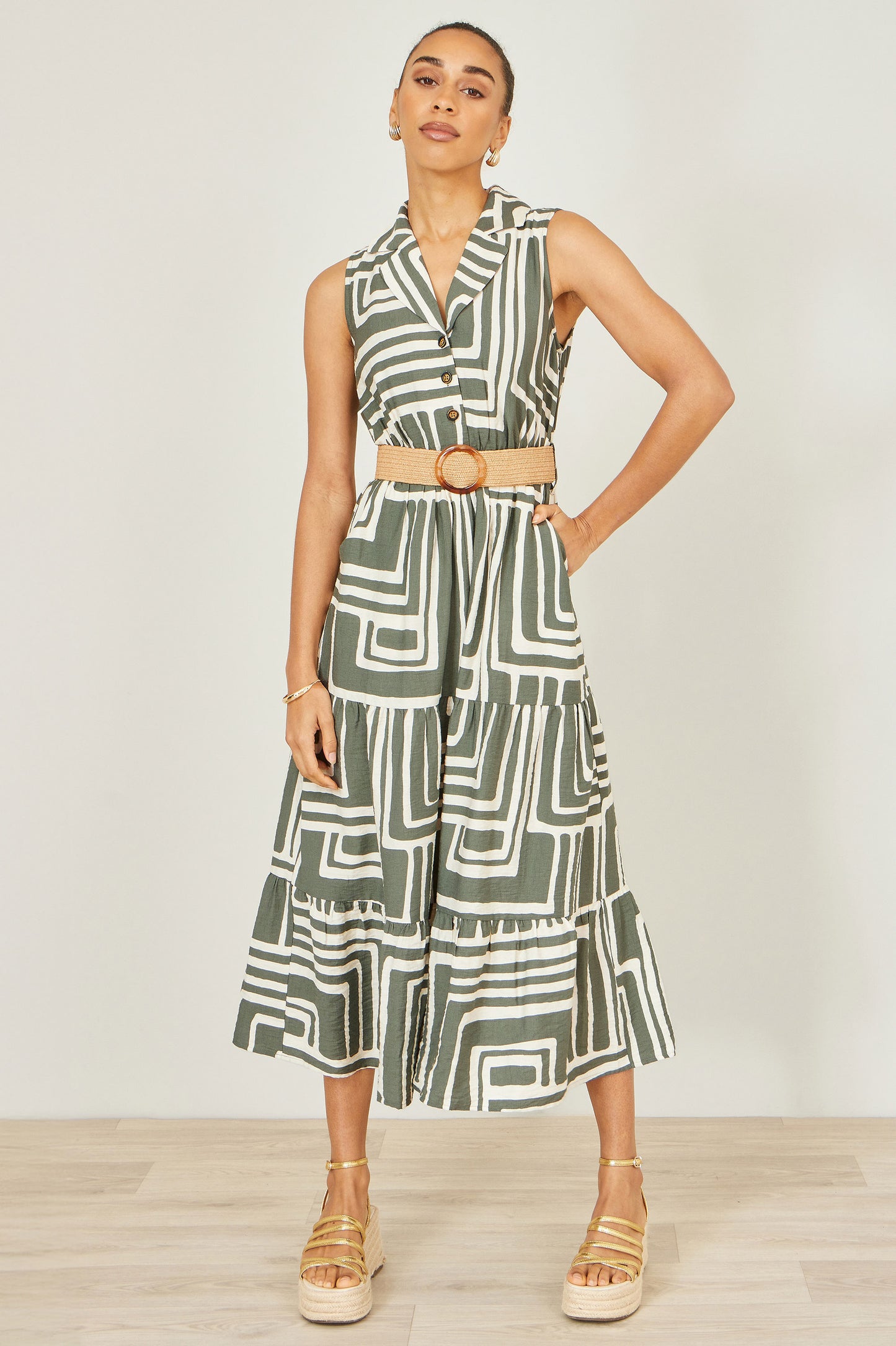 Yumi Green Viscose Geo Print Midi Shirt Dress With Matching Belt Dress Casual Yumi