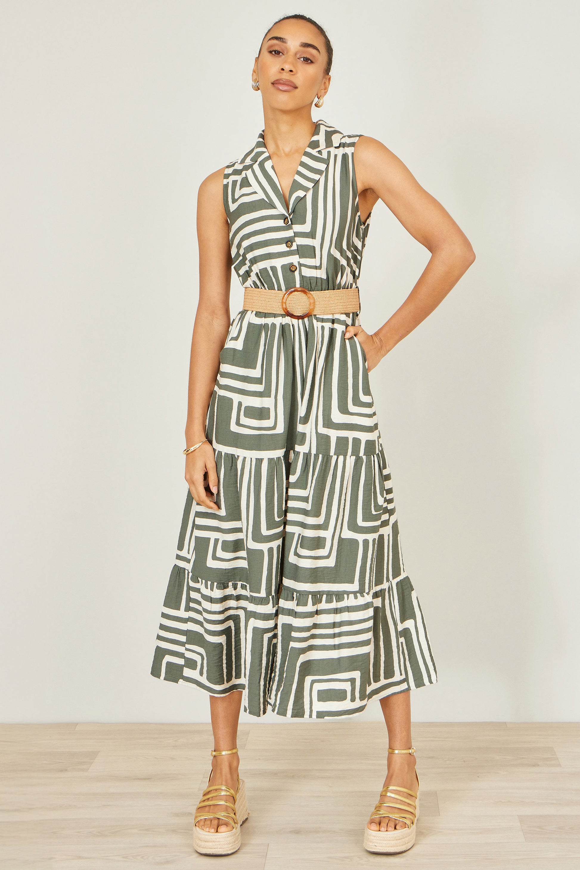 Yumi Green Viscose Geo Print Midi Shirt Dress With Matching Belt Dress Casual Yumi