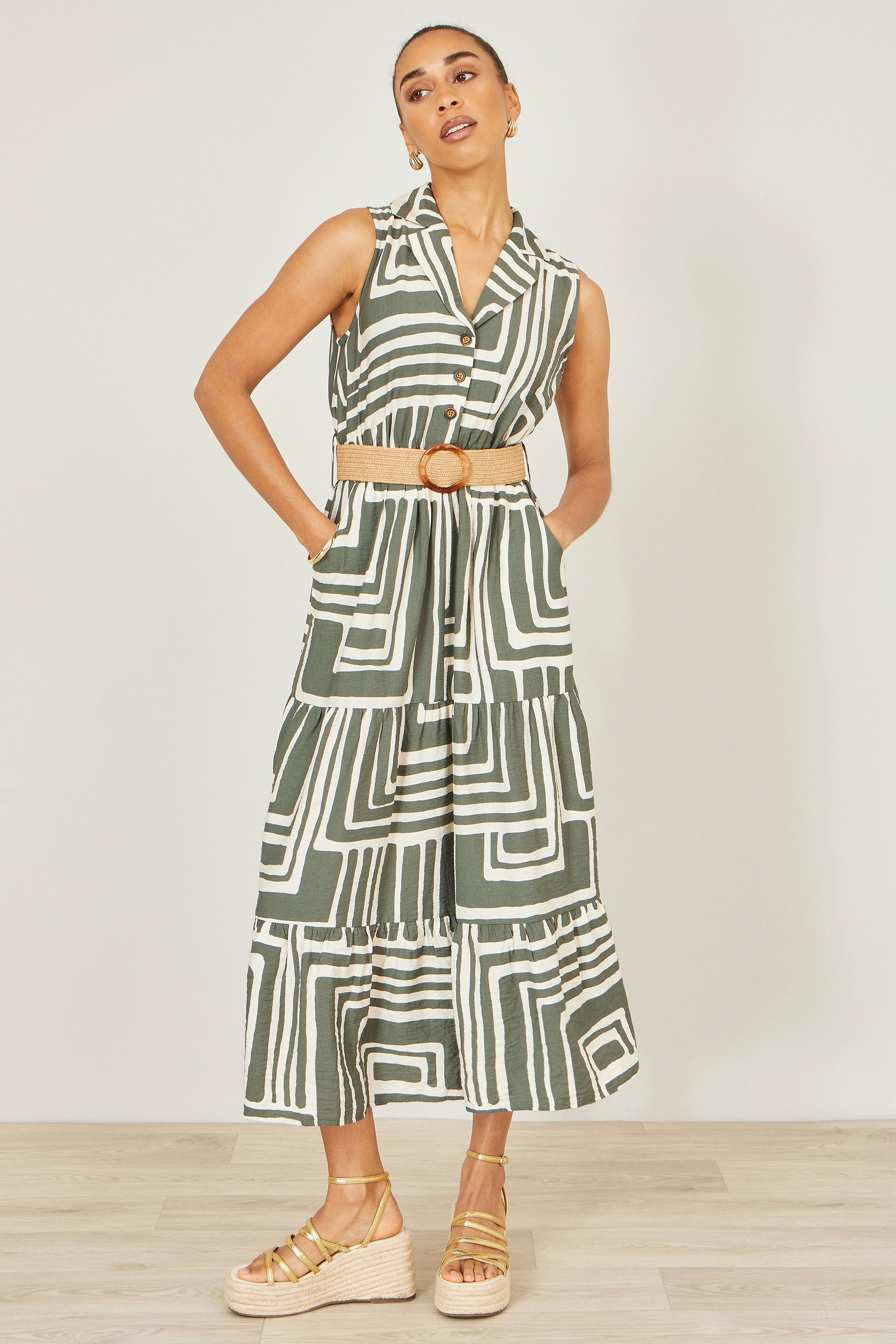 Yumi Green Viscose Geo Print Midi Shirt Dress With Matching Belt Dress Casual Yumi