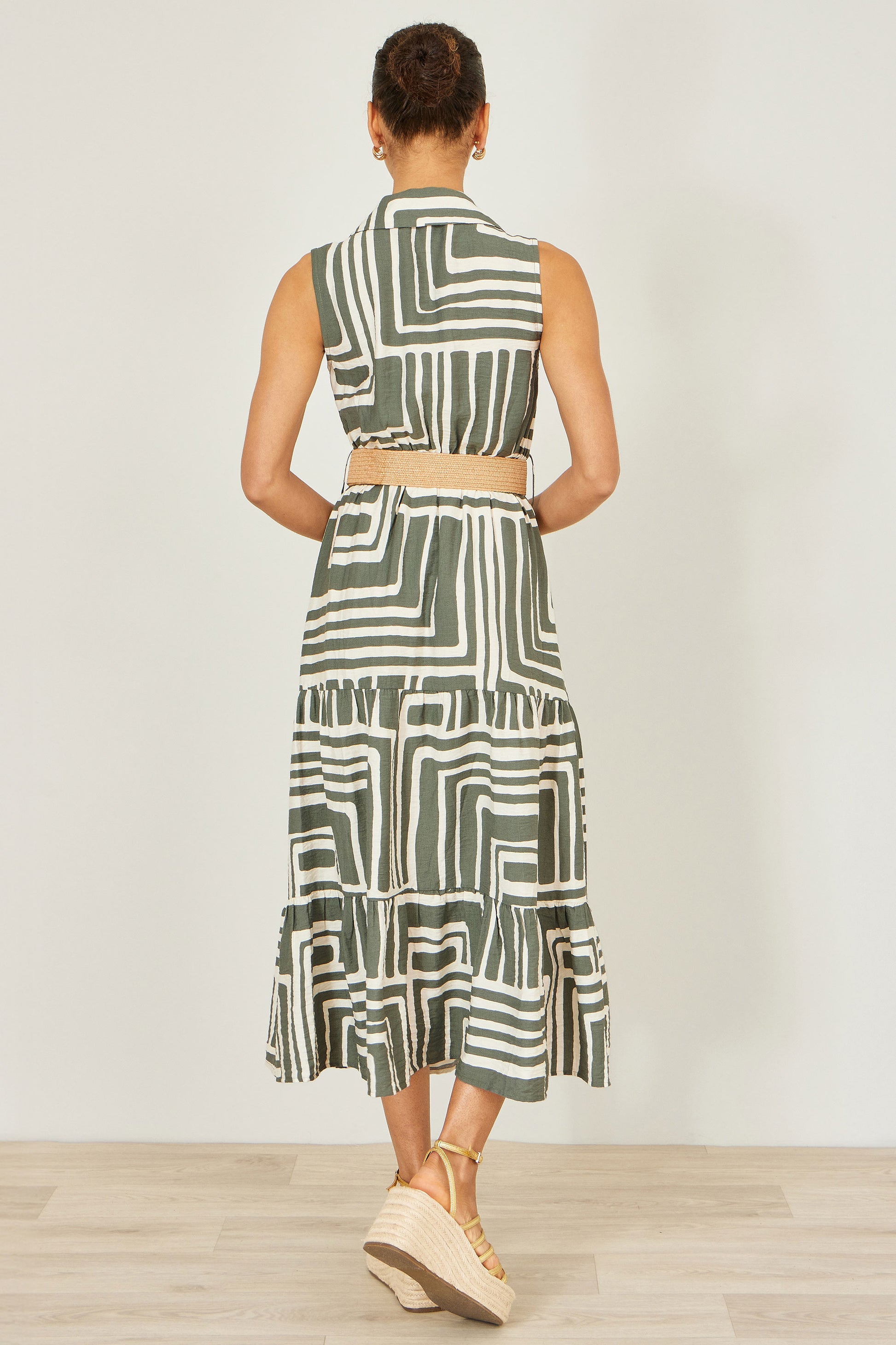 Yumi Green Viscose Geo Print Midi Shirt Dress With Matching Belt Dress Casual Yumi