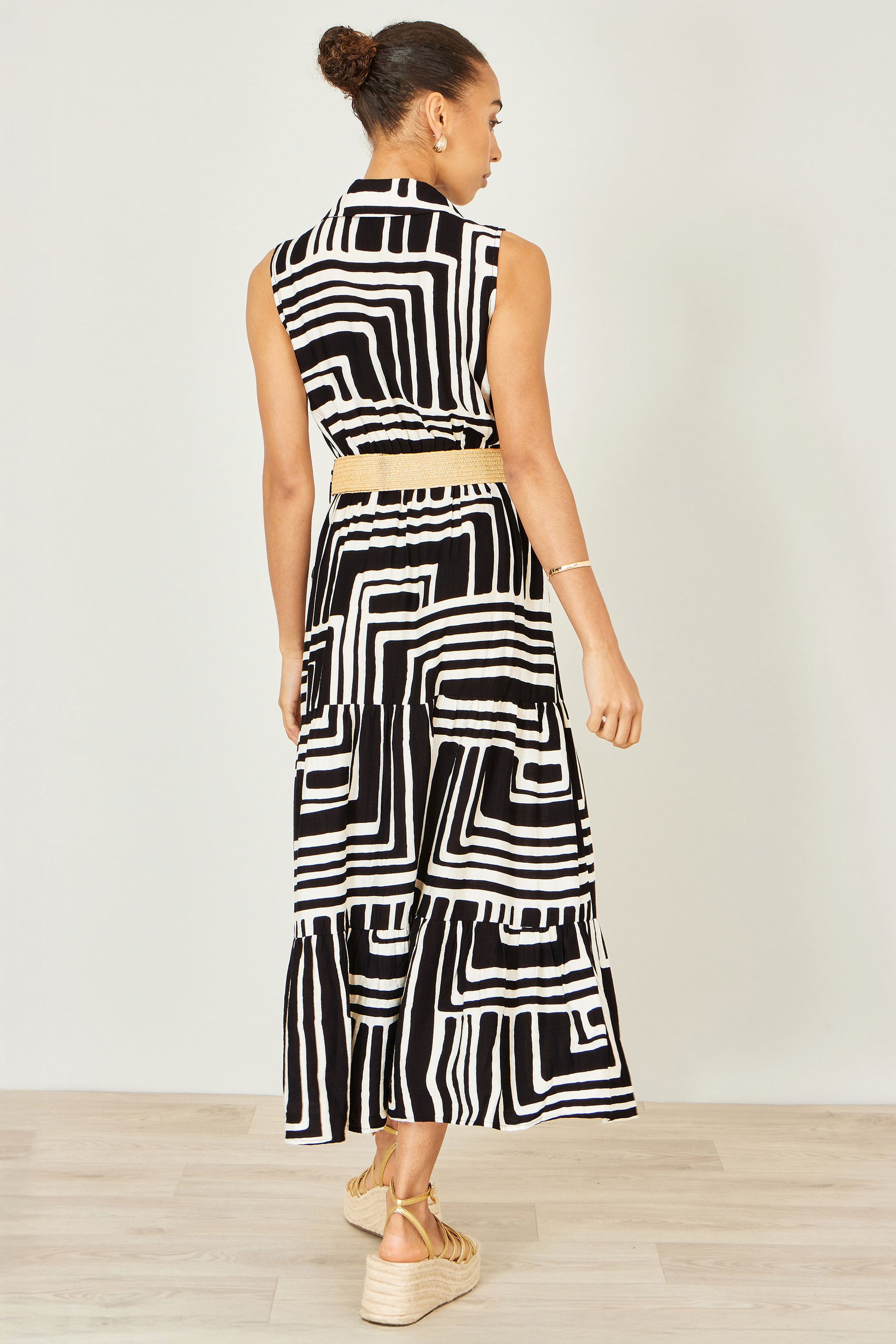 Yumi Black Viscose Geo Print Midi Shirt Dress With Matching Belt Dress Casual Yumi