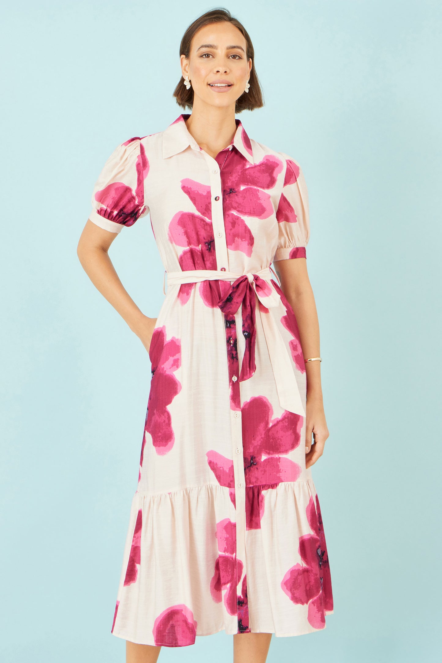 Yumi Pink Scattered Floral Shirt Dress Dress Occasion Yumi