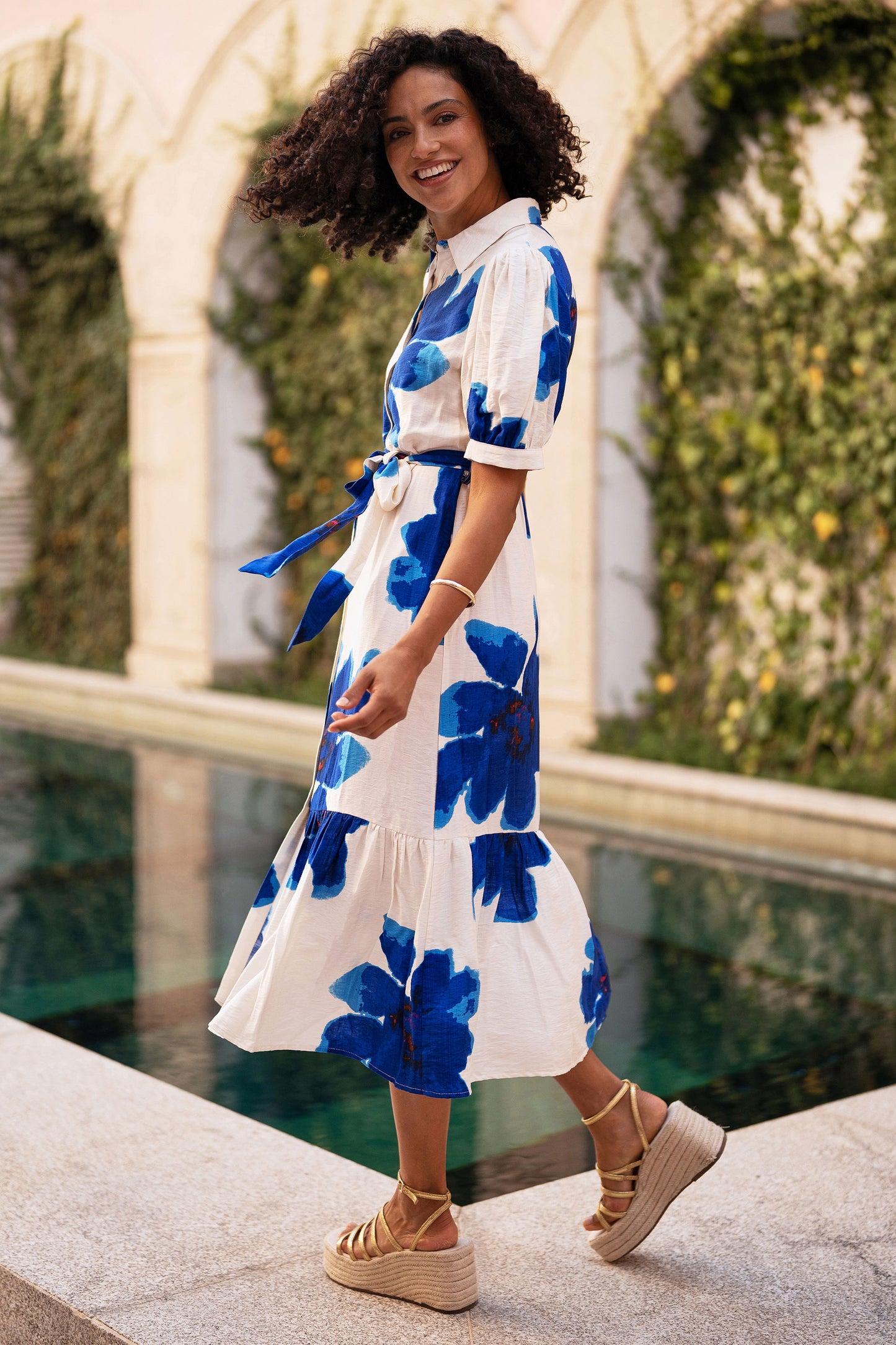 Yumi Blue Scattered Floral Shirt Dress Dress Occasion Yumi